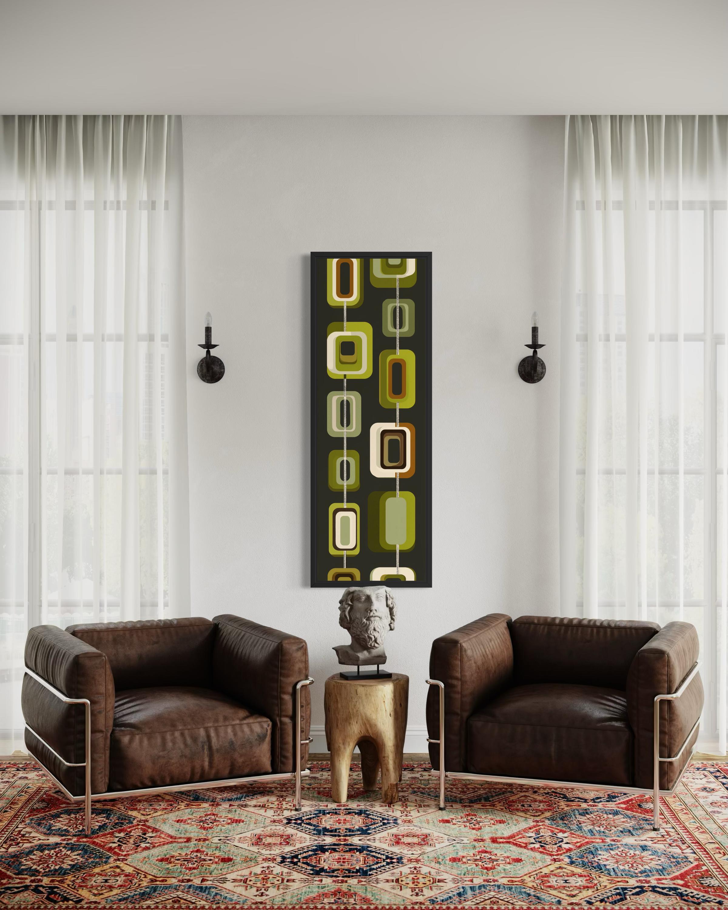 Tall Narrow Mid Century Modern Olive Green Wall Art – Geometric Vertical Canvas Print