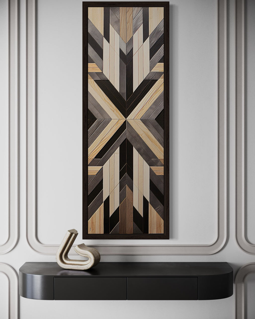 Tall Narrow Neutral Brown Aztec Inspired Vertical Framed Canvas Wall Art