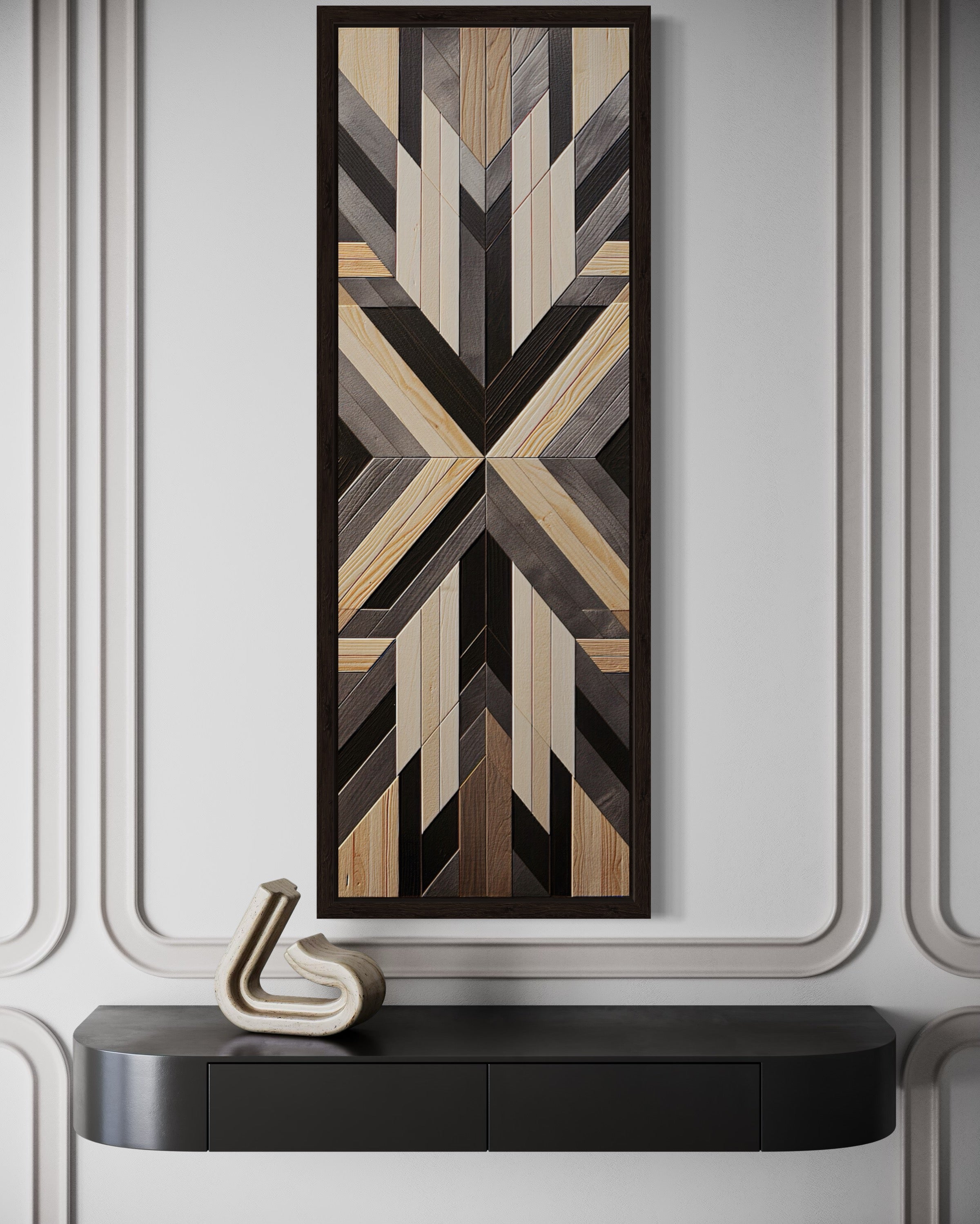 Tall Narrow Neutral Brown Aztec Inspired Vertical Framed Canvas Wall Art