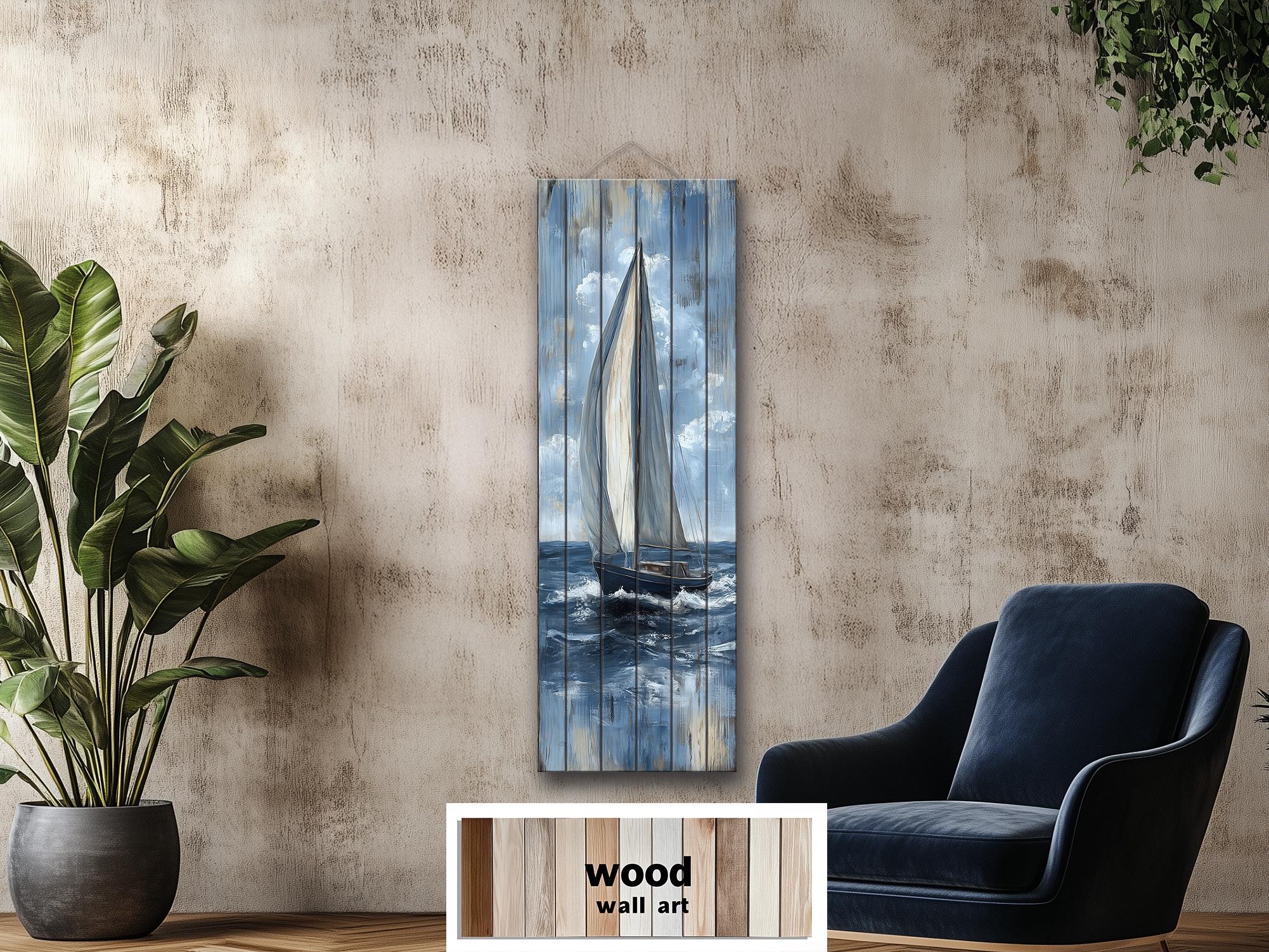 Tall Narrow Sailboat Distressed Wood Wall Art