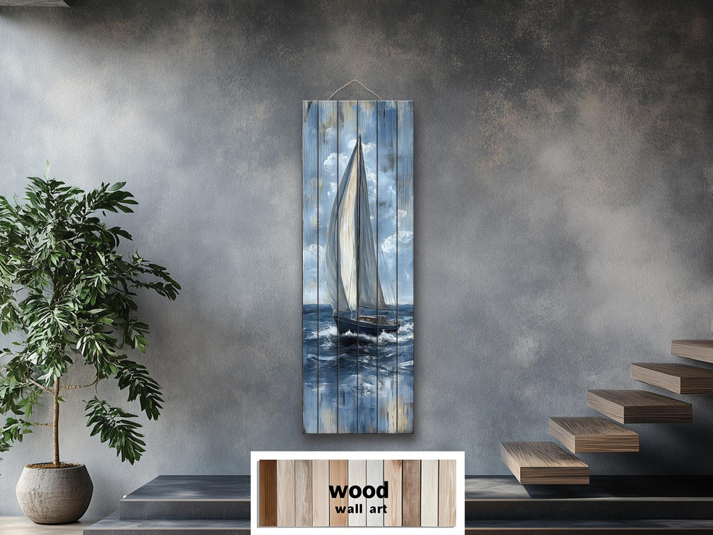 Tall Narrow Sailboat Distressed Wood Wall Art