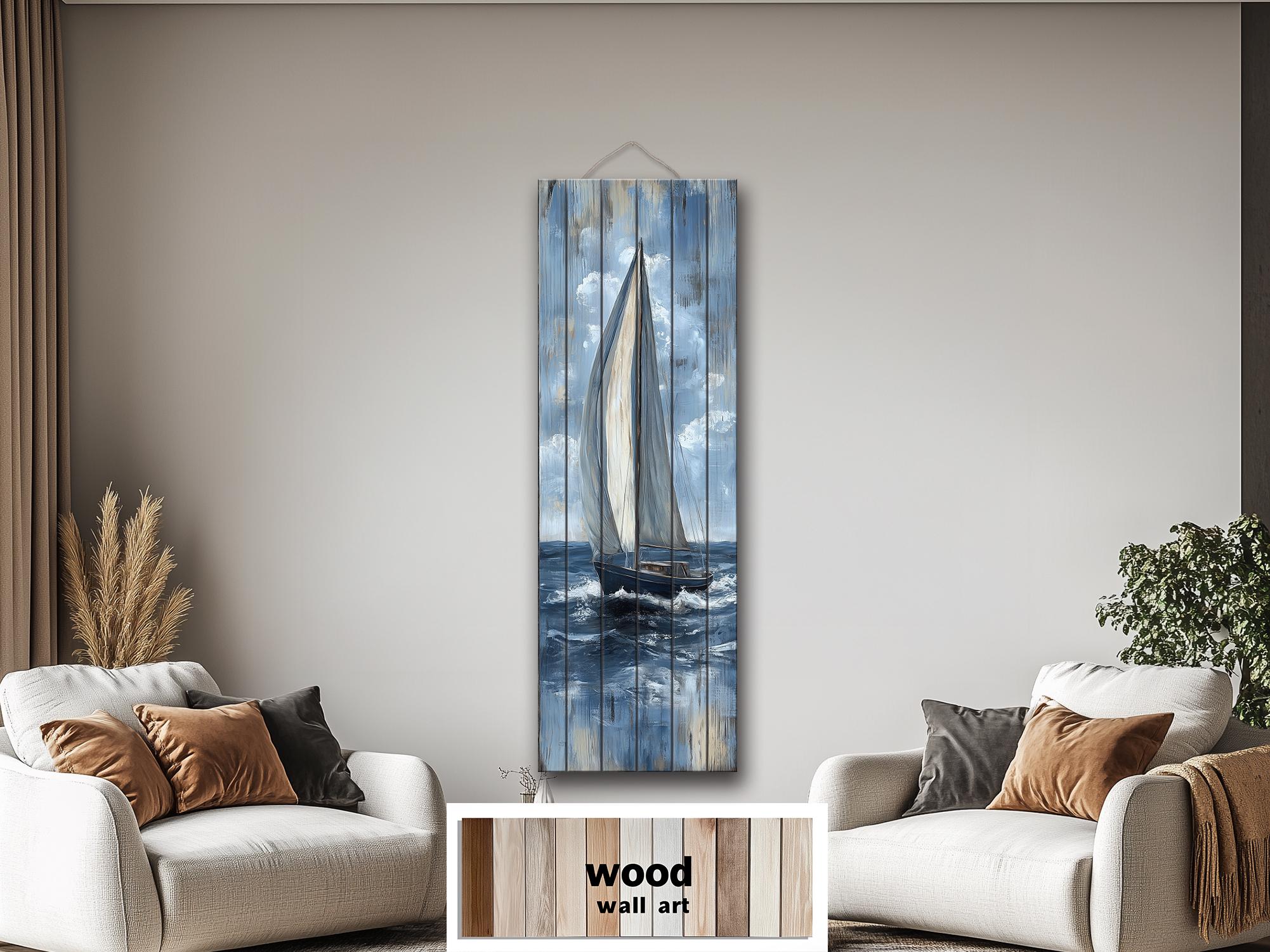 Tall Narrow Sailboat Distressed Wood Wall Art