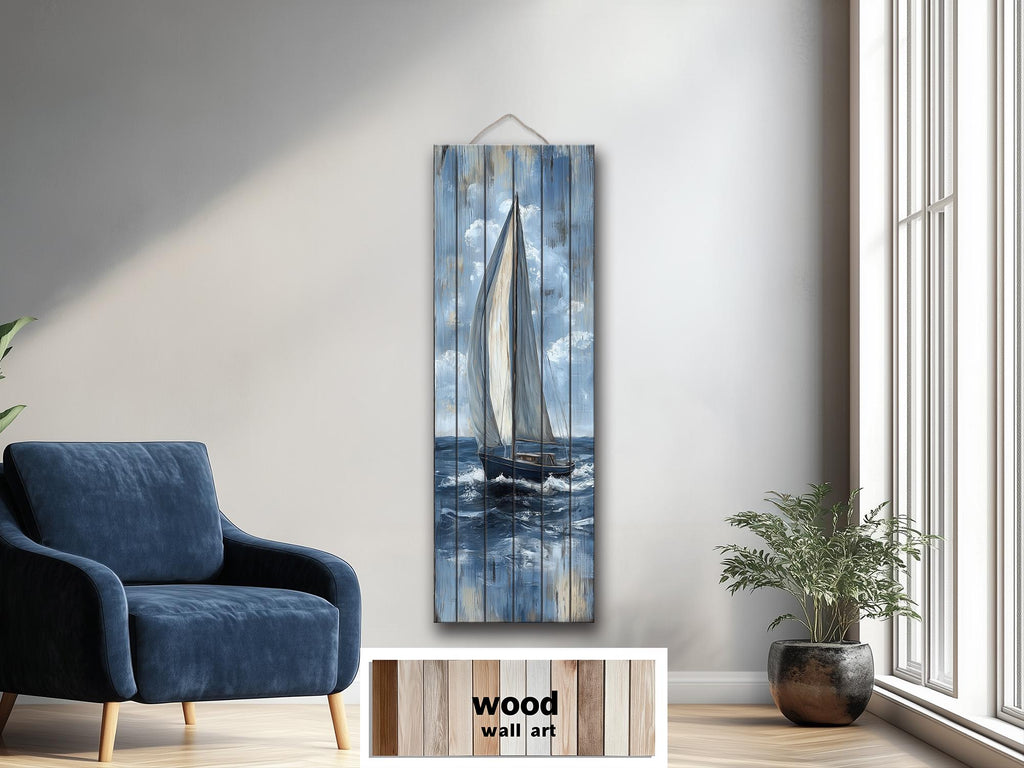 Tall Narrow Sailboat Distressed Wood Wall Art