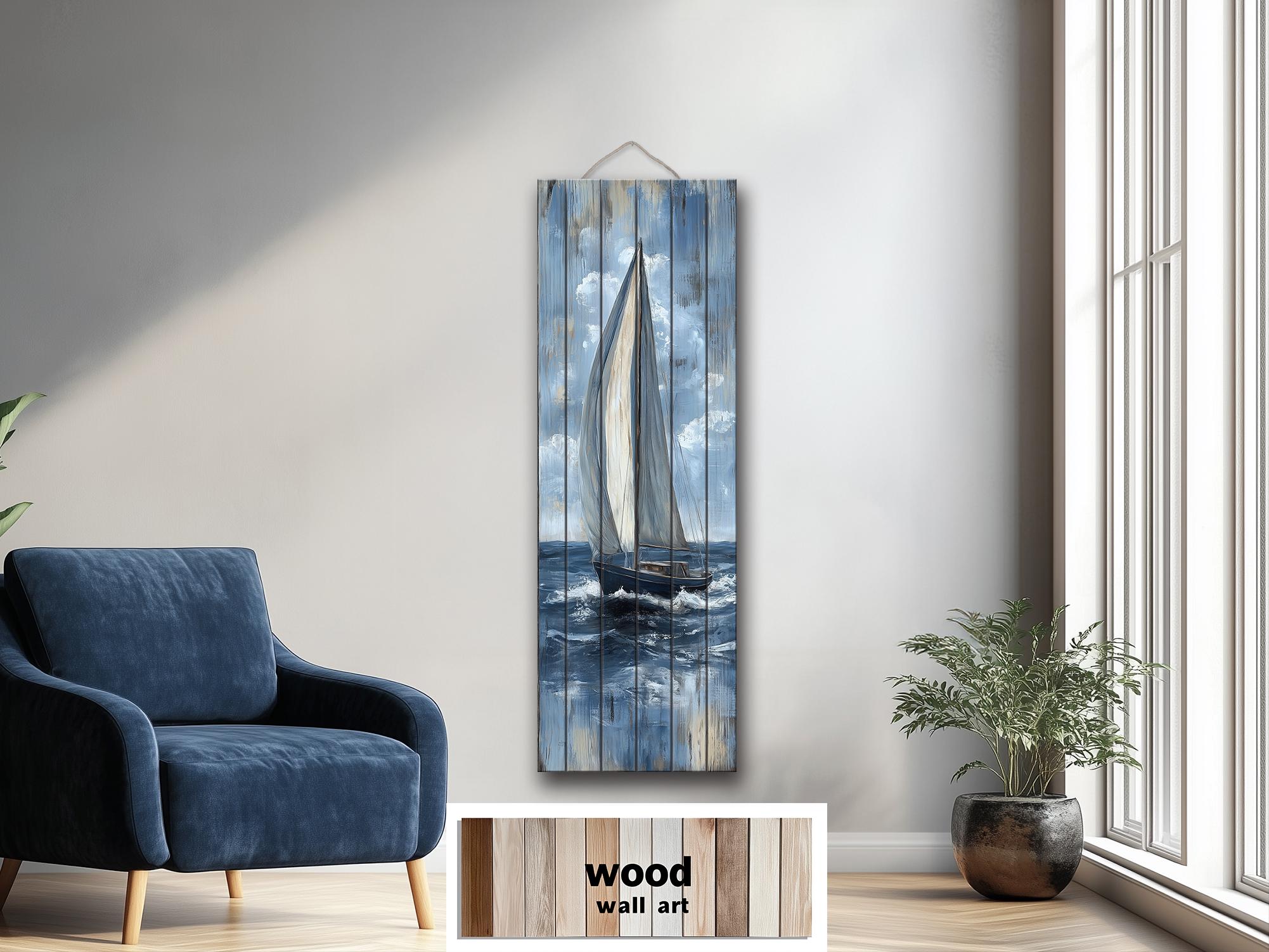 Tall Narrow Sailboat Distressed Wood Wall Art