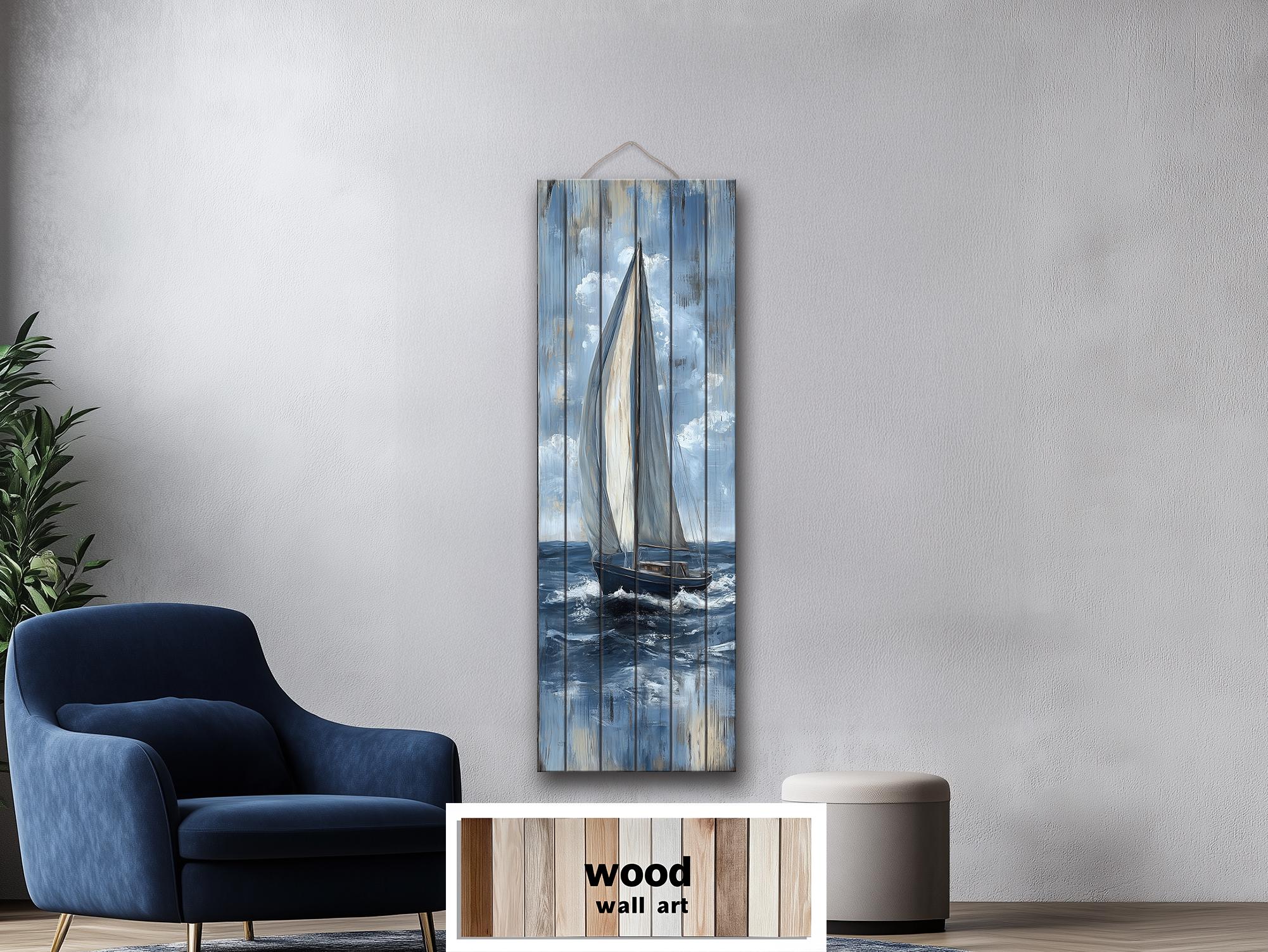 Tall Narrow Sailboat Distressed Wood Wall Art
