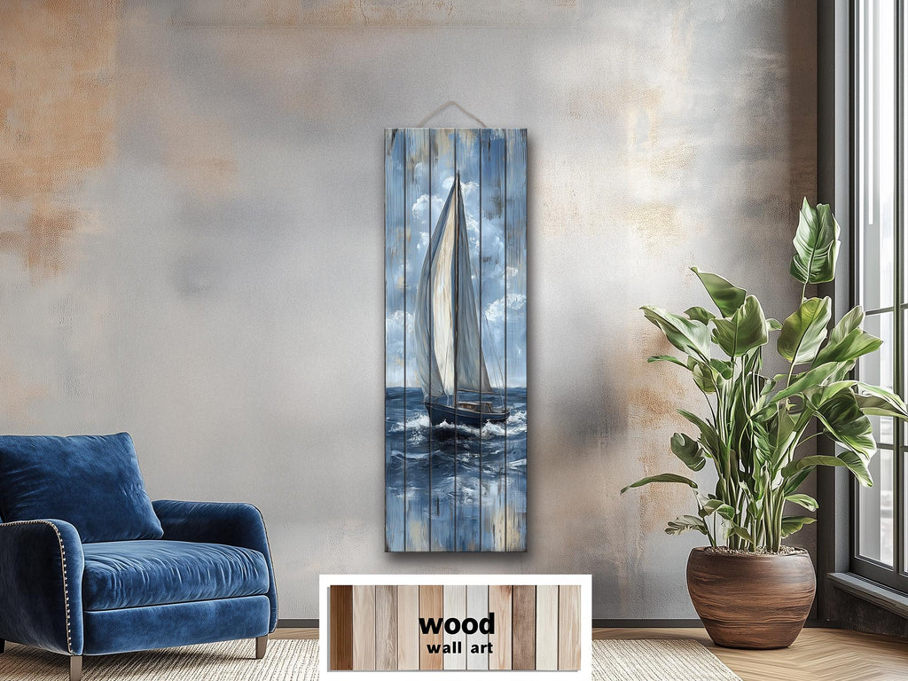 Tall Narrow Sailboat Distressed Wood Wall Art