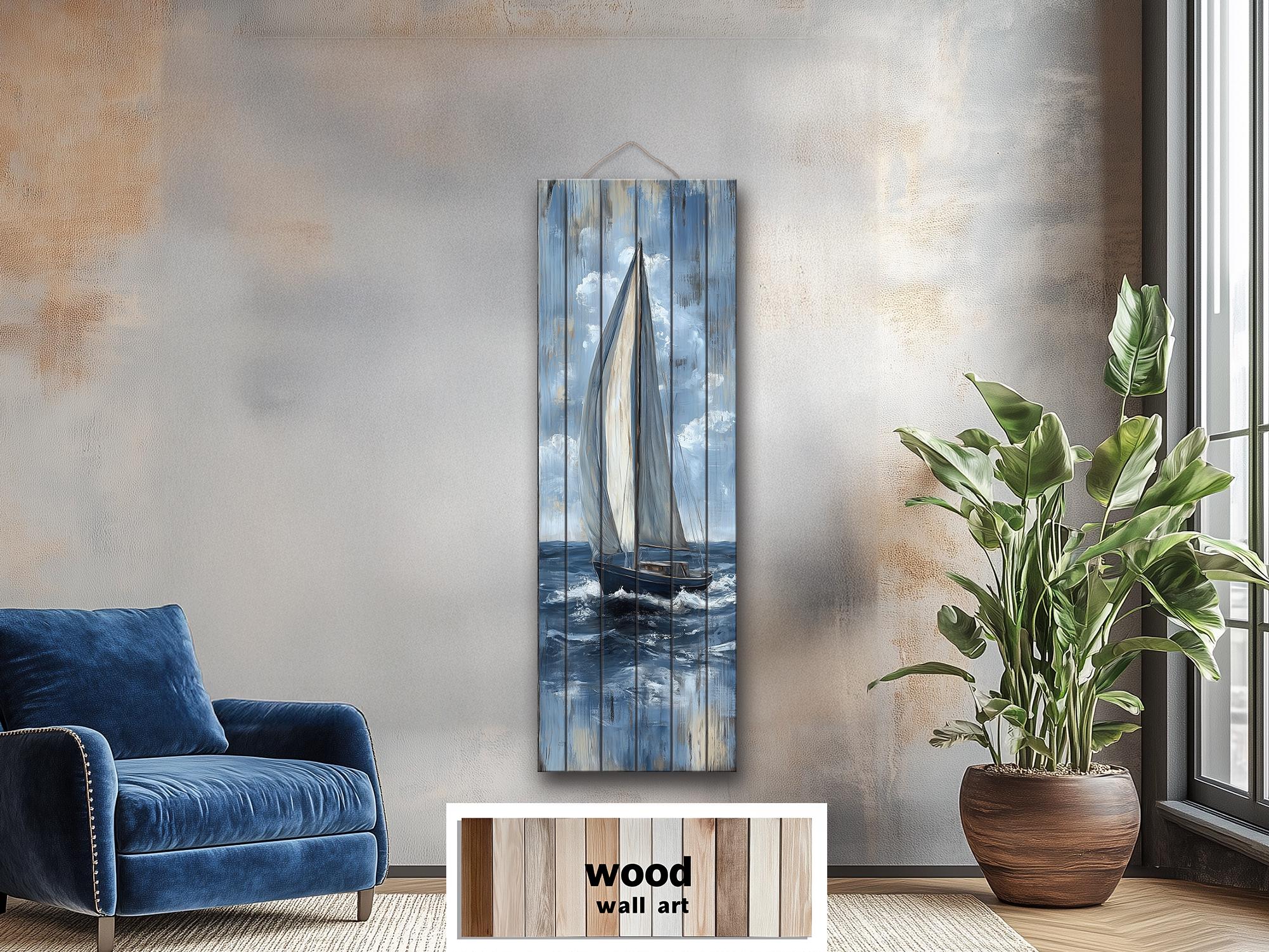 Tall Narrow Sailboat Distressed Wood Wall Art