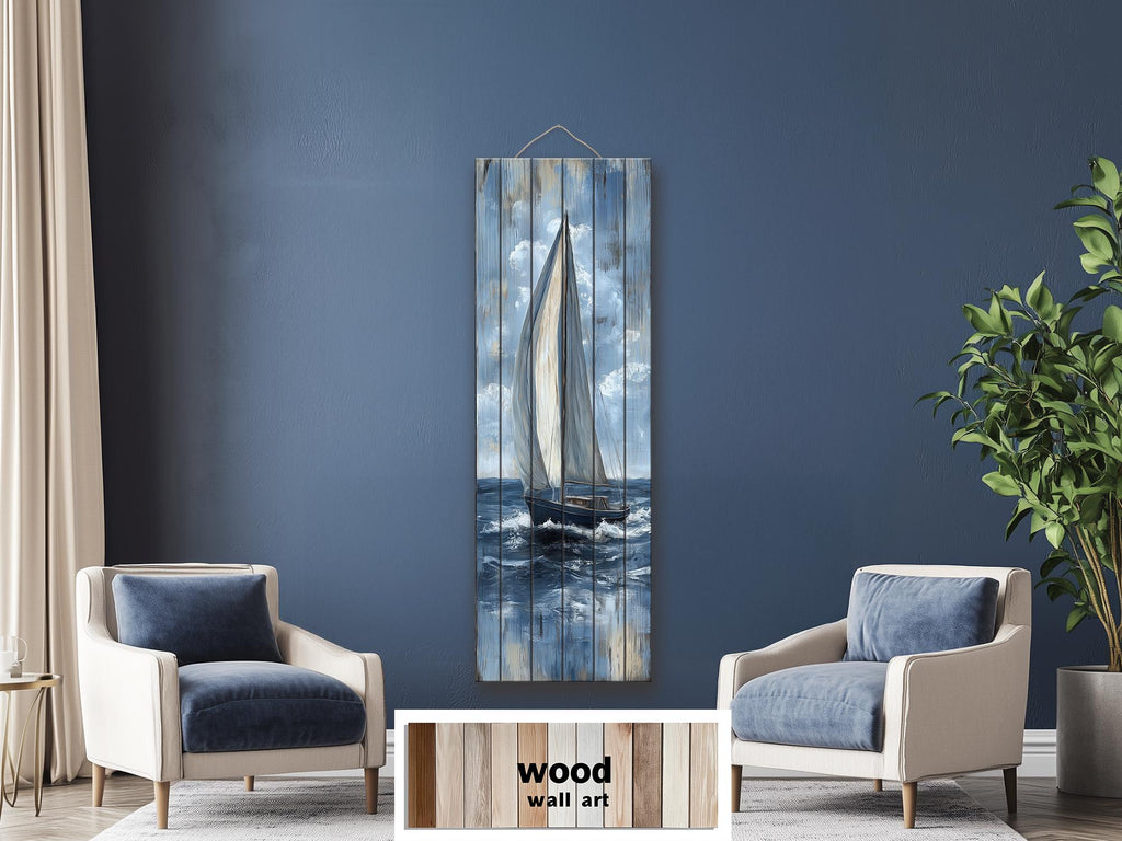 Tall Narrow Sailboat Distressed Wood Wall Art