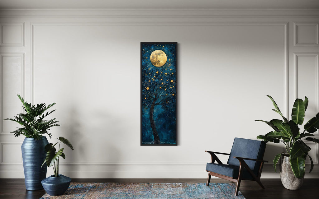 Tall Narrow Tree And Golden Moon On Navy Blue Background Wall Art