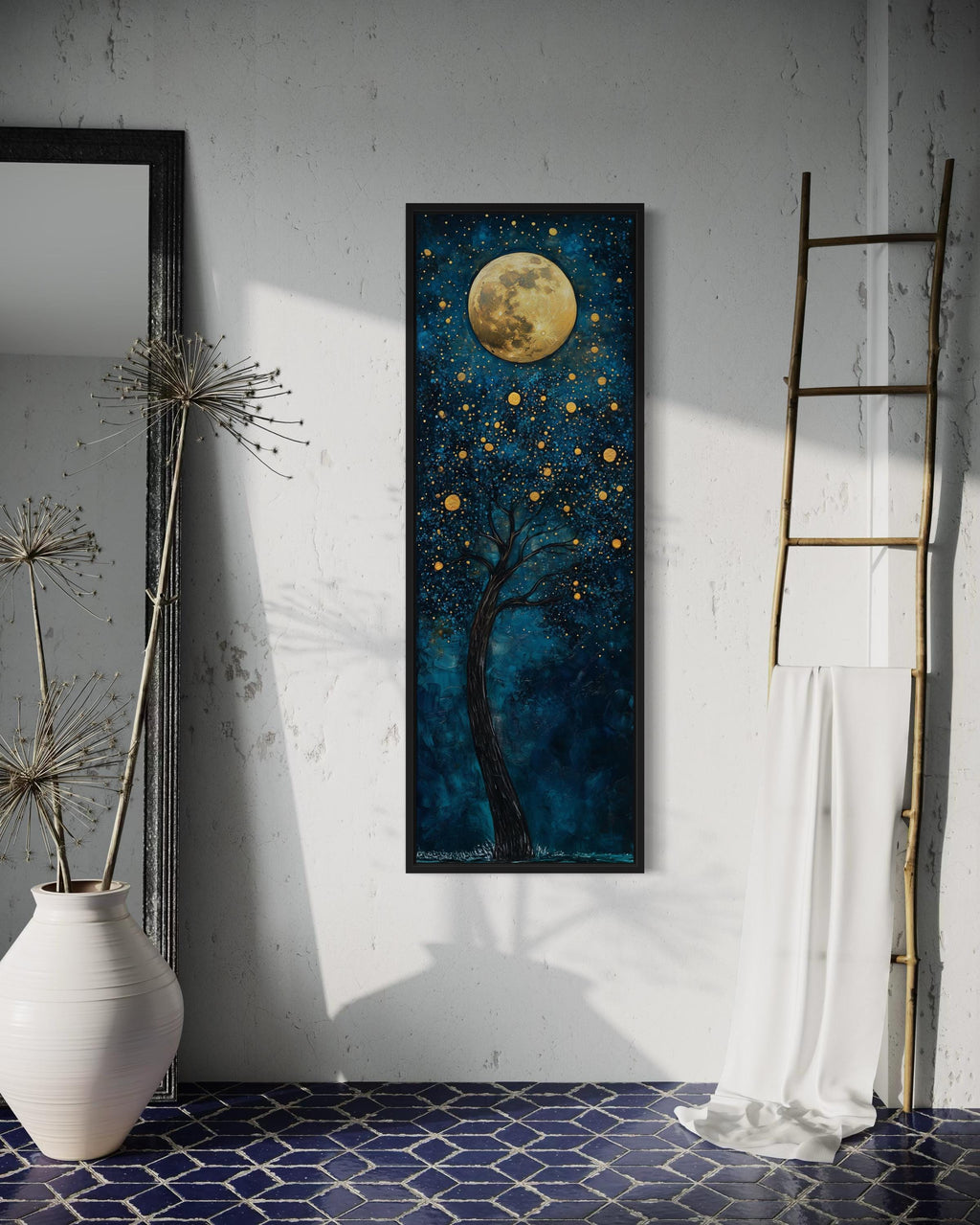Tall Narrow Tree And Golden Moon On Navy Blue Background Wall Art