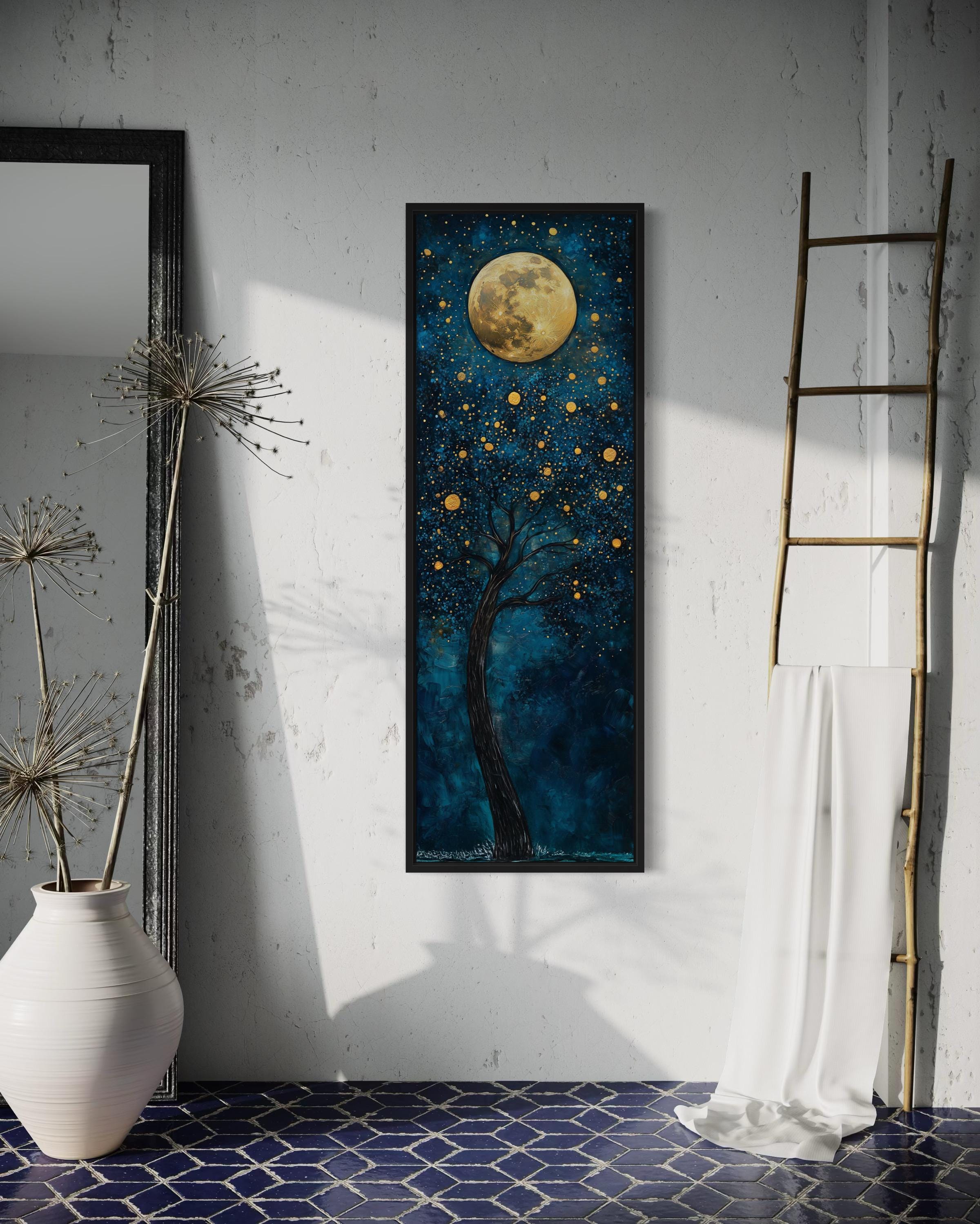 Tall Narrow Tree And Golden Moon On Navy Blue Background Wall Art