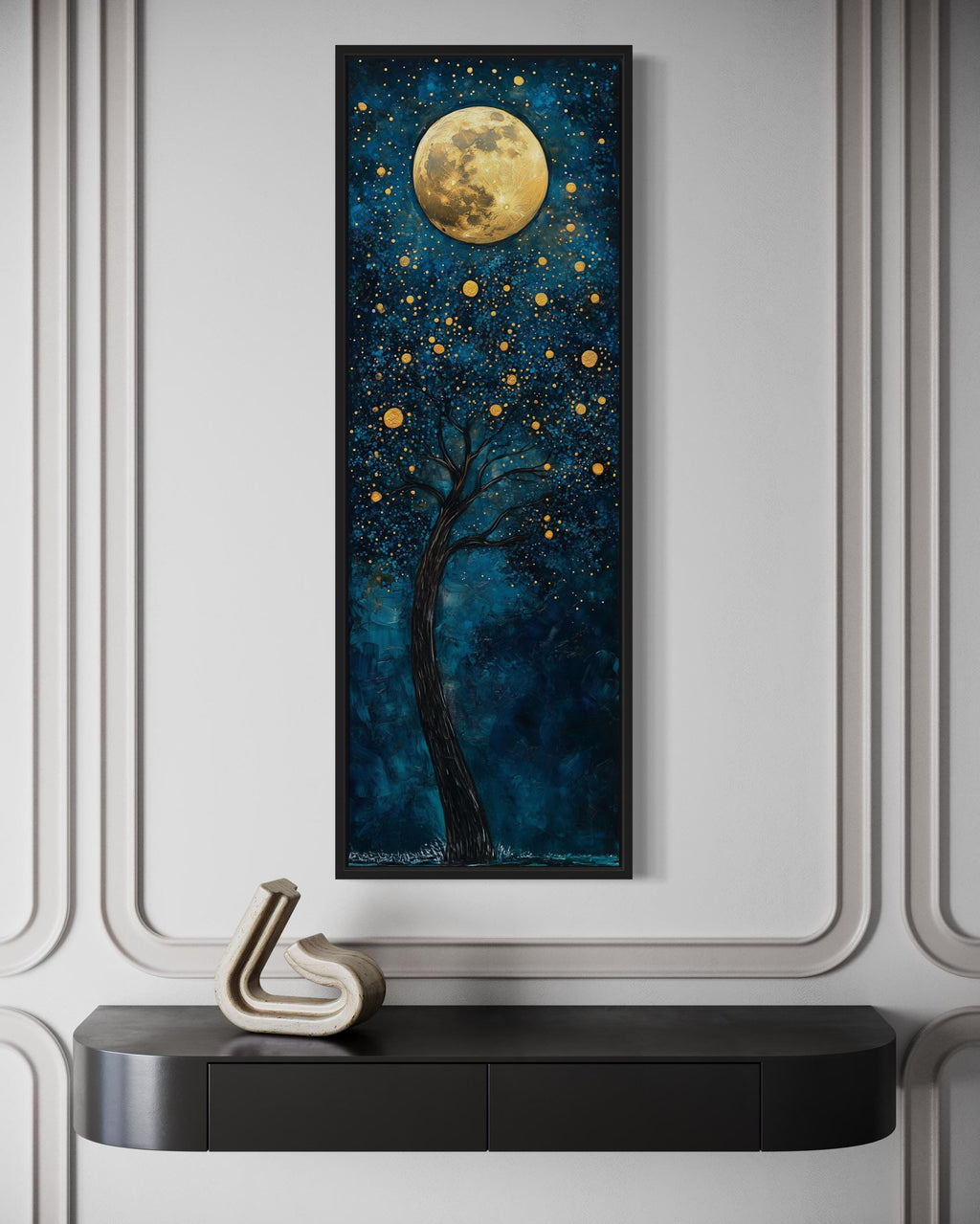 Tall Narrow Tree And Golden Moon On Navy Blue Background Wall Art