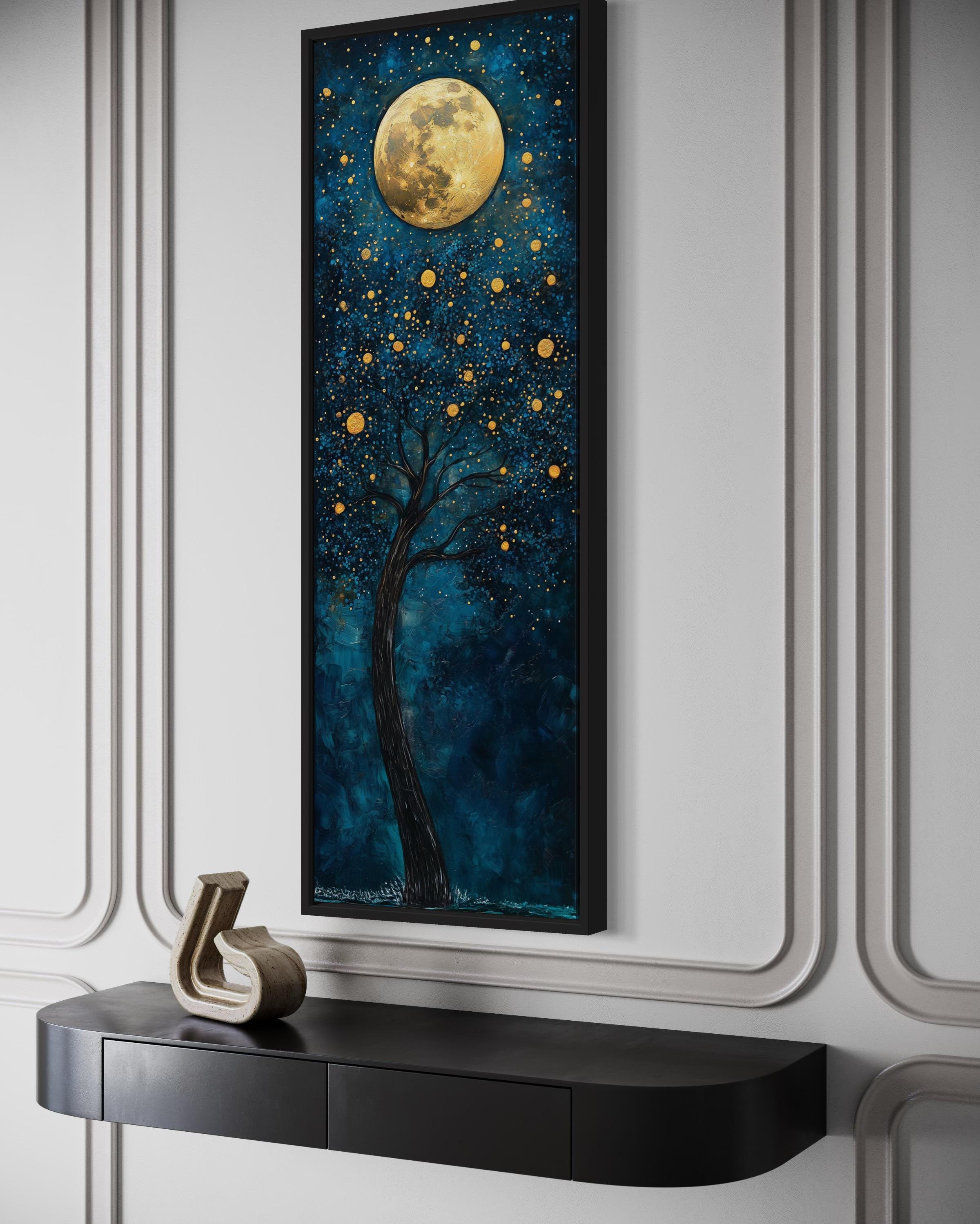 Tall Narrow Tree And Golden Moon On Navy Blue Background Wall Art