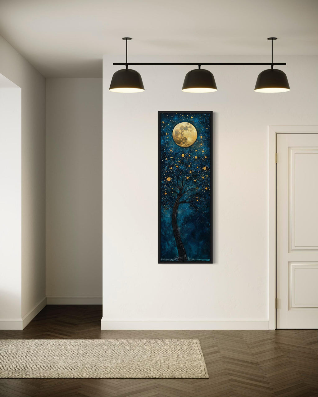 Tall Narrow Tree And Golden Moon On Navy Blue Background Wall Art