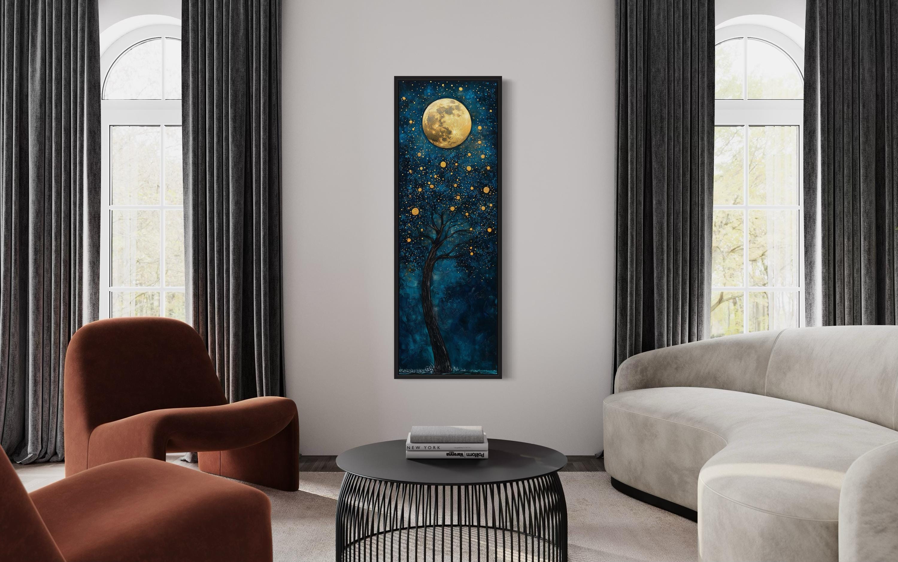 Tall Narrow Tree And Golden Moon On Navy Blue Background Wall Art