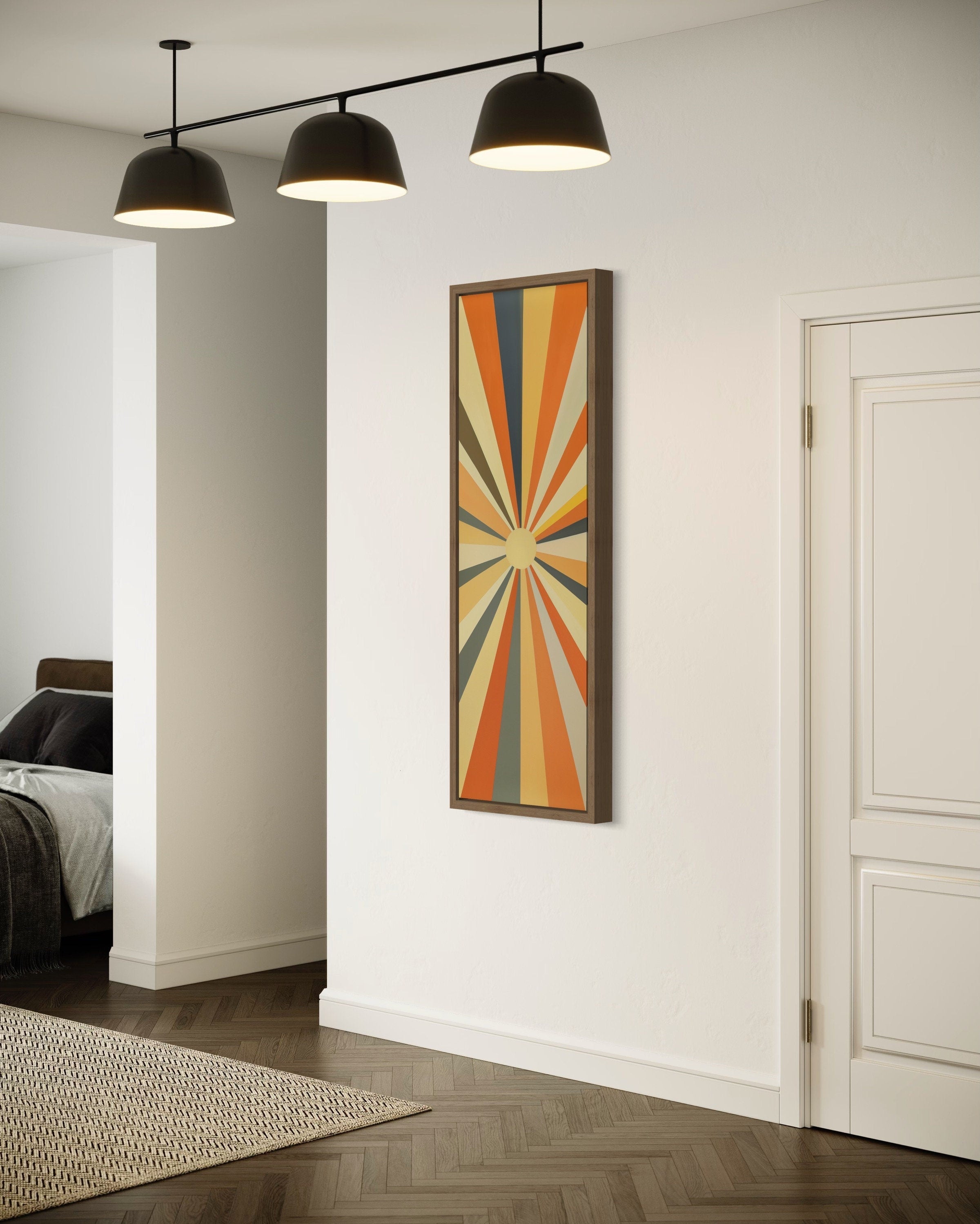 Tall Narrow Vertical Boho Sun Rays Mid Century Modern Wall Art