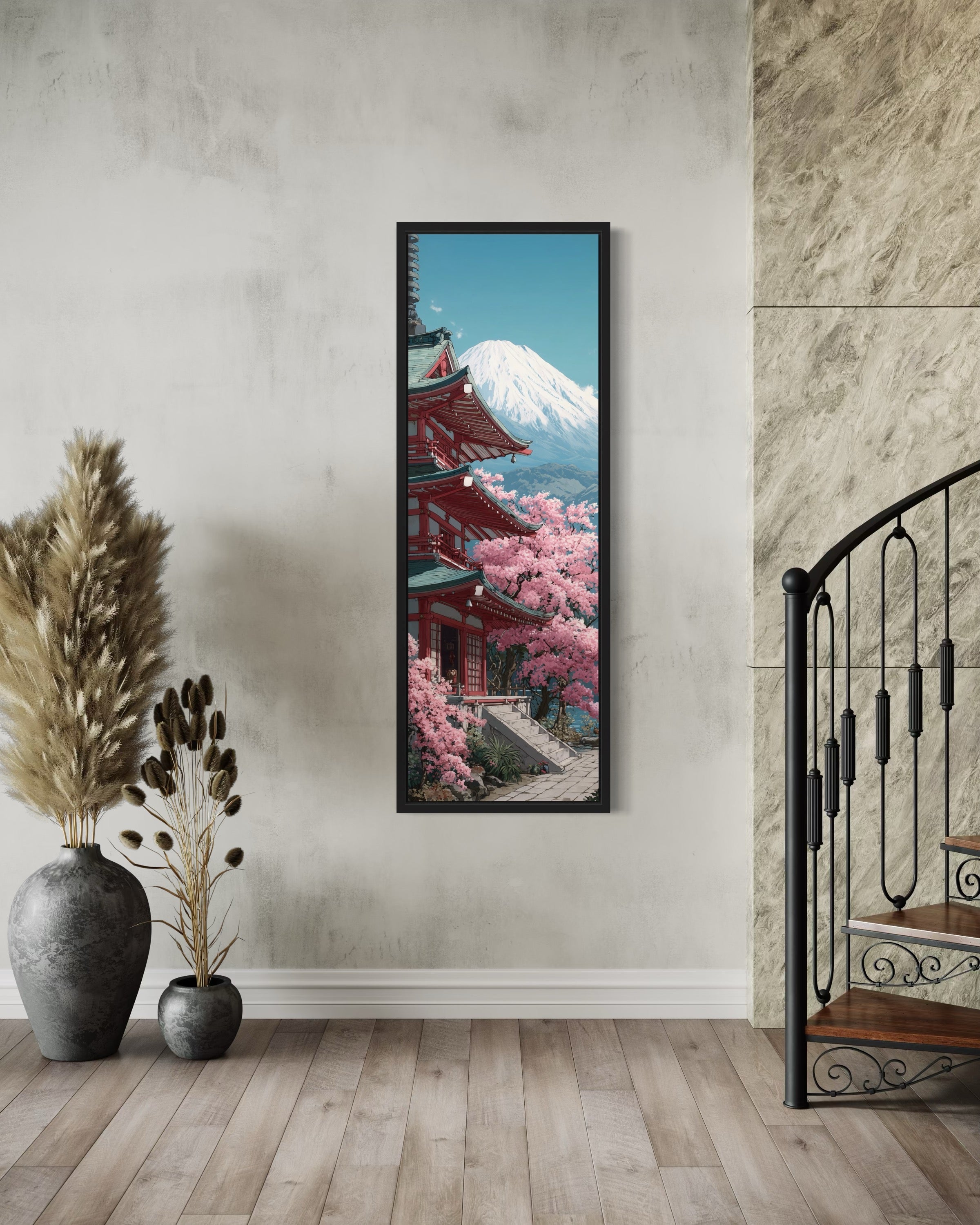 Tall Narrow Vertical Japanese Mt. Fuji Cherry Blossom Landscape Framed Canvas Wall Art