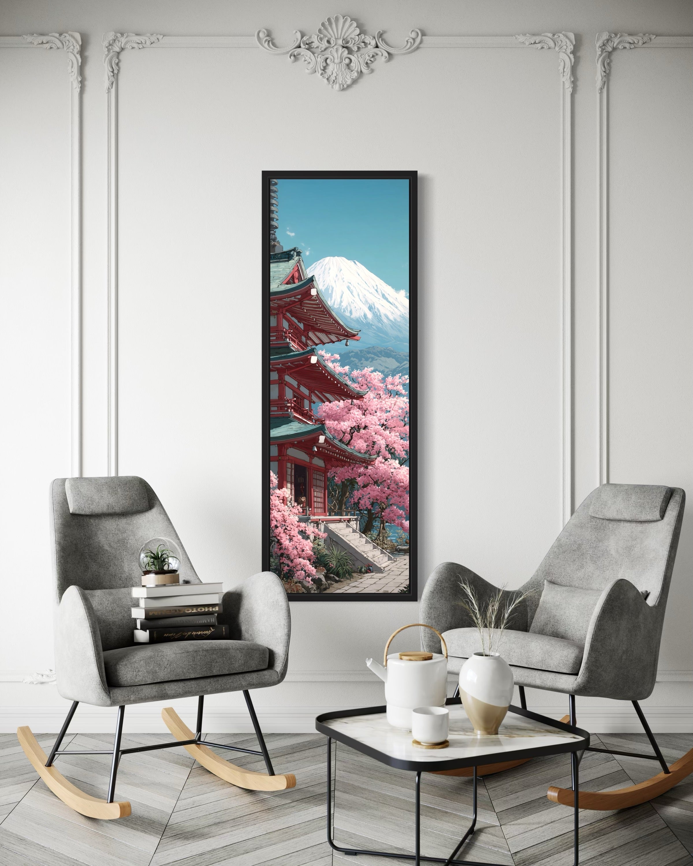 Tall Narrow Vertical Japanese Mt. Fuji Cherry Blossom Landscape Framed Canvas Wall Art