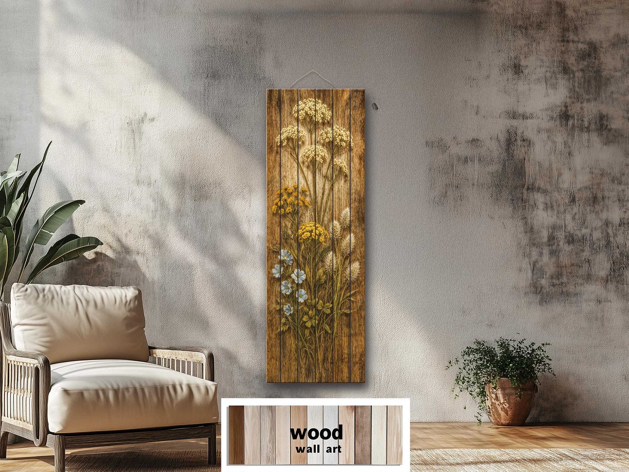 Tall Narrow Wildflowers Rustic Floral Print on Wood Panel Distressed Wood Wall Art