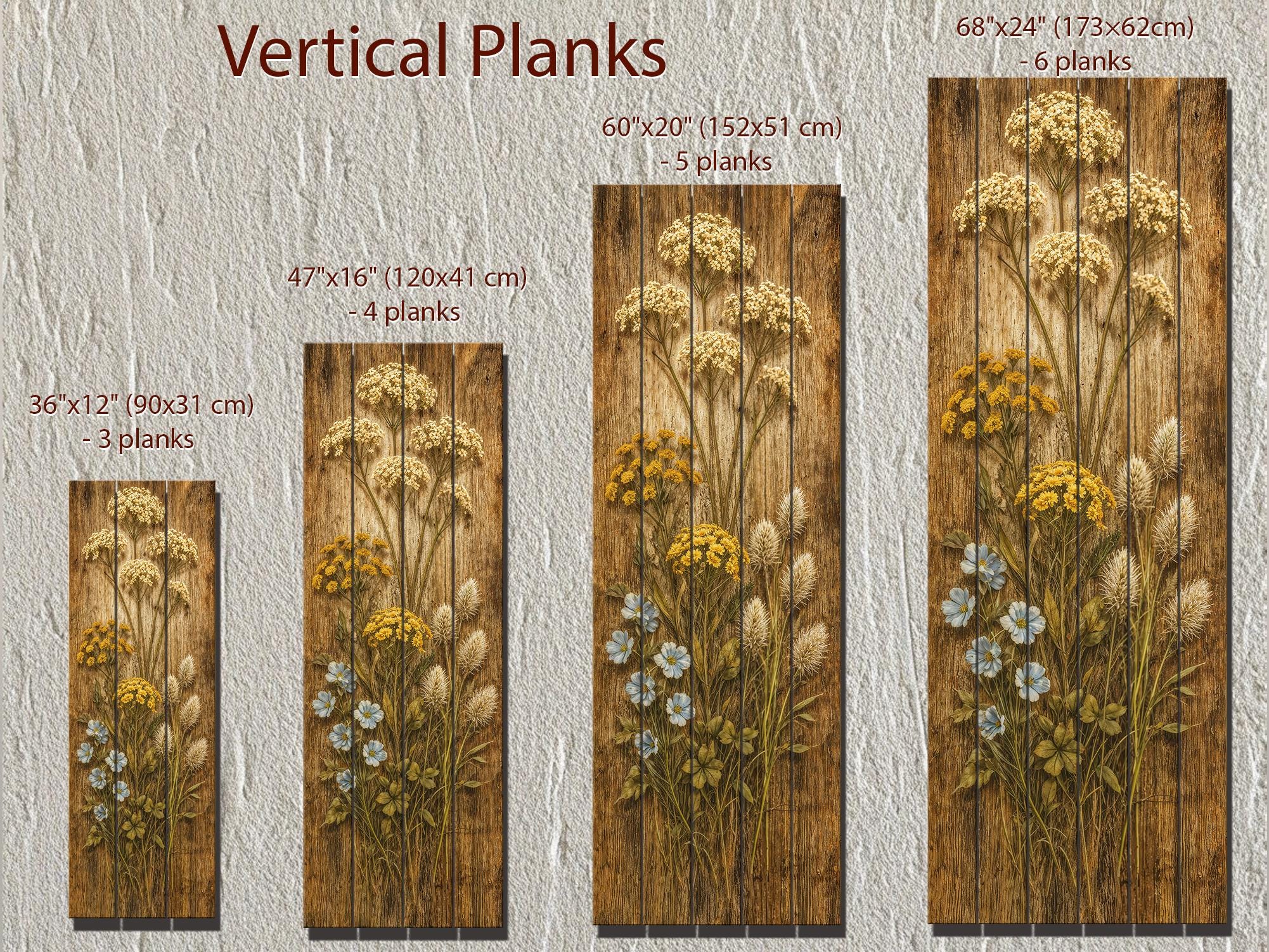 Tall Narrow Wildflowers Rustic Floral Print on Wood Panel Distressed Wood Wall Art