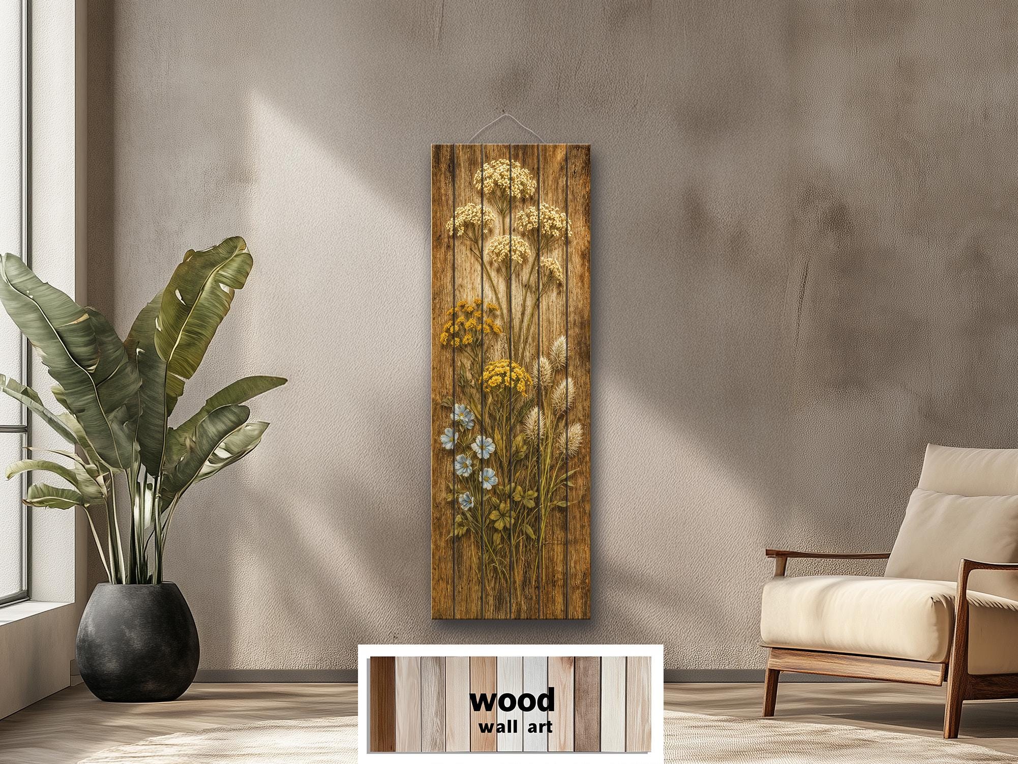 Tall Narrow Wildflowers Rustic Floral Print on Wood Panel Distressed Wood Wall Art