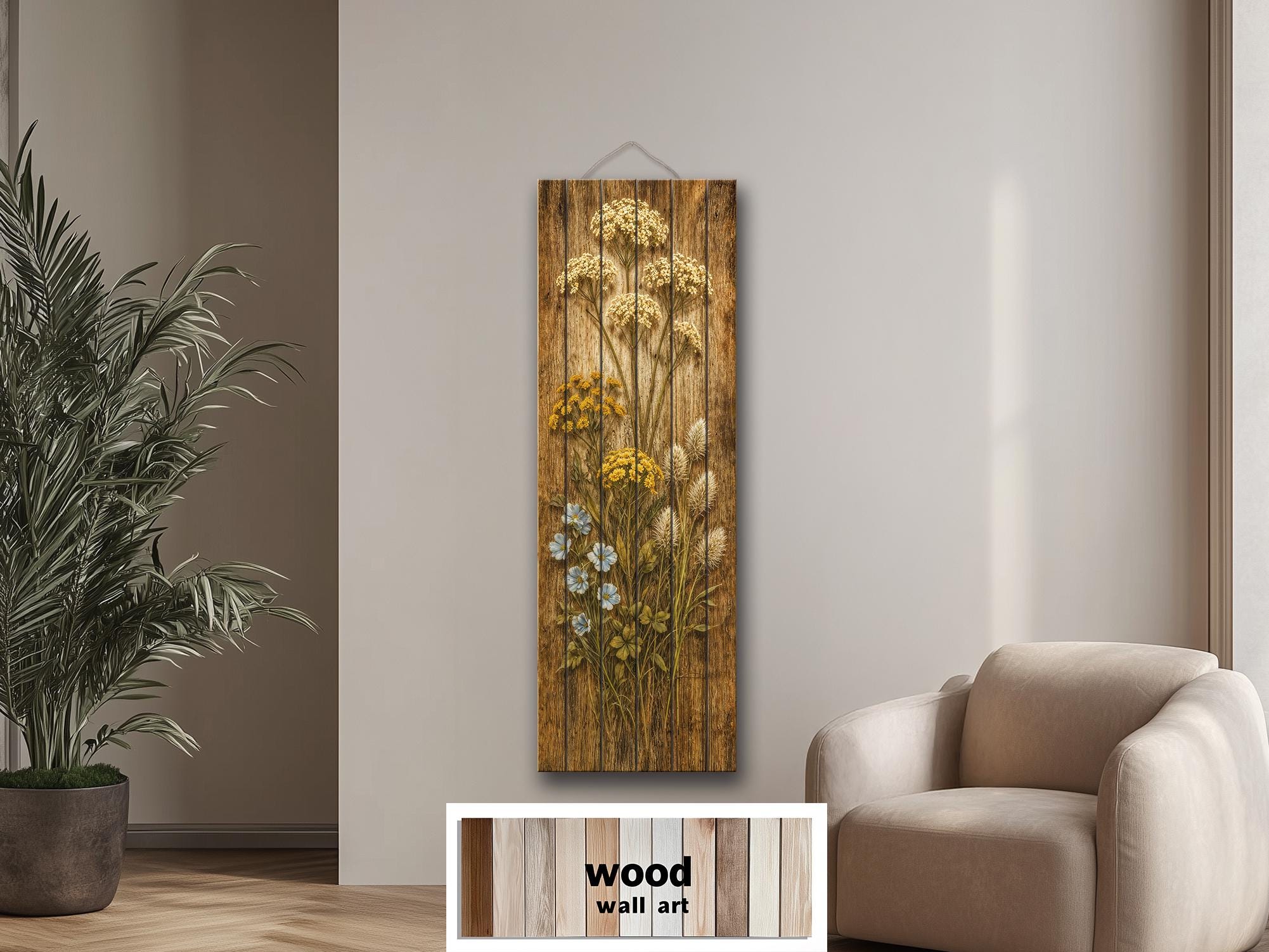 Tall Narrow Wildflowers Rustic Floral Print on Wood Panel Distressed Wood Wall Art