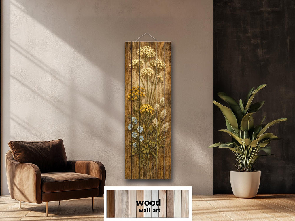 Tall Narrow Wildflowers Rustic Floral Print on Wood Panel Distressed Wood Wall Art
