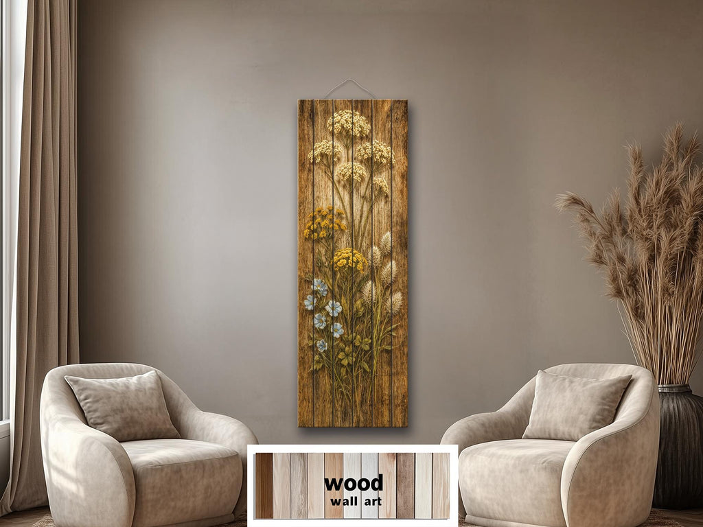 Tall Narrow Wildflowers Rustic Floral Print on Wood Panel Distressed Wood Wall Art