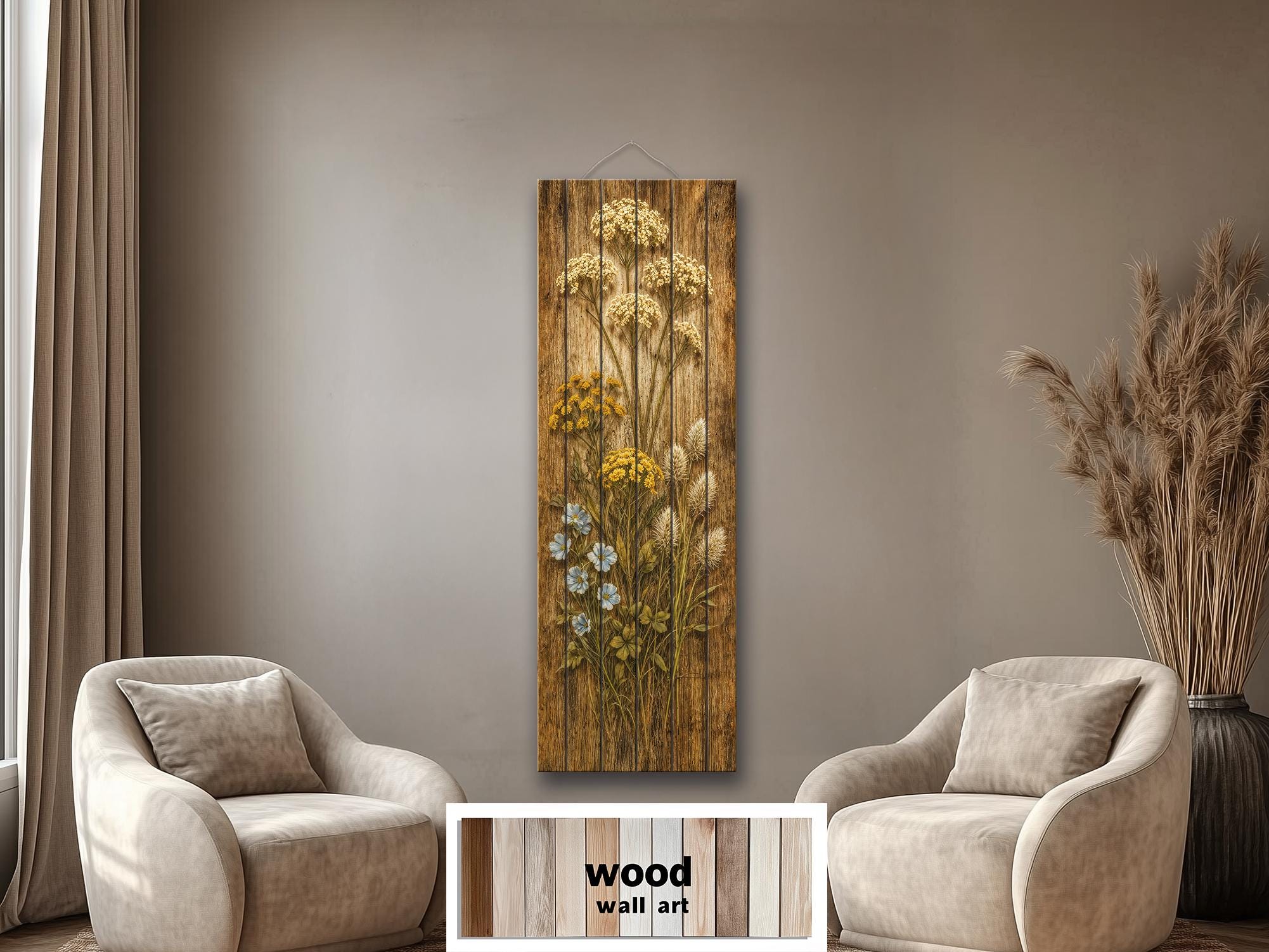 Tall Narrow Wildflowers Rustic Floral Print on Wood Panel Distressed Wood Wall Art