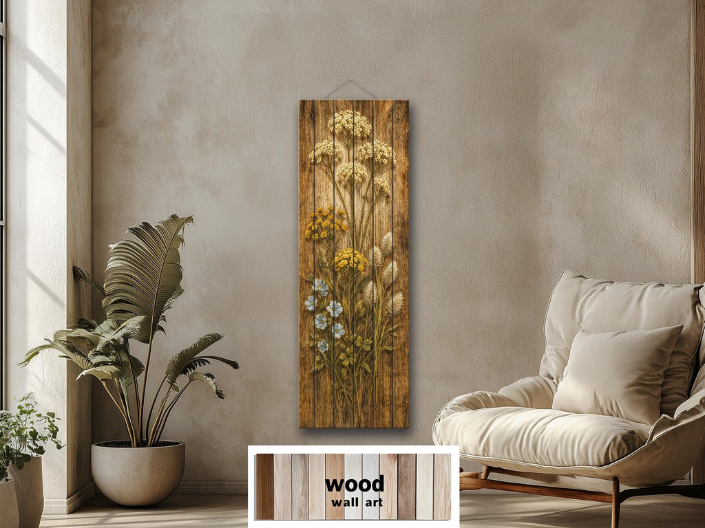 Tall Narrow Wildflowers Rustic Floral Print on Wood Panel Distressed Wood Wall Art
