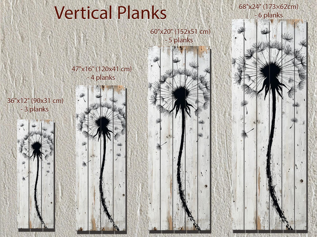 Tall Vertical Dandelion Wall Art - Whitewashed Distressed Wood Slim Rustic Floral Decor