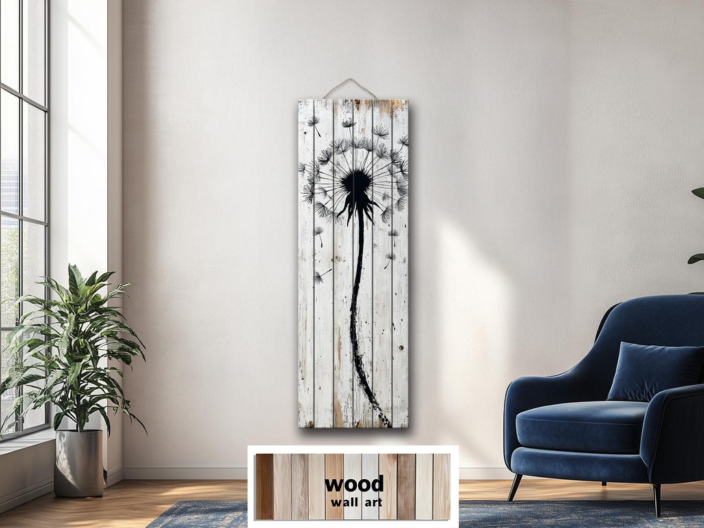 Tall Vertical Dandelion Wall Art - Whitewashed Distressed Wood Slim Rustic Floral Decor