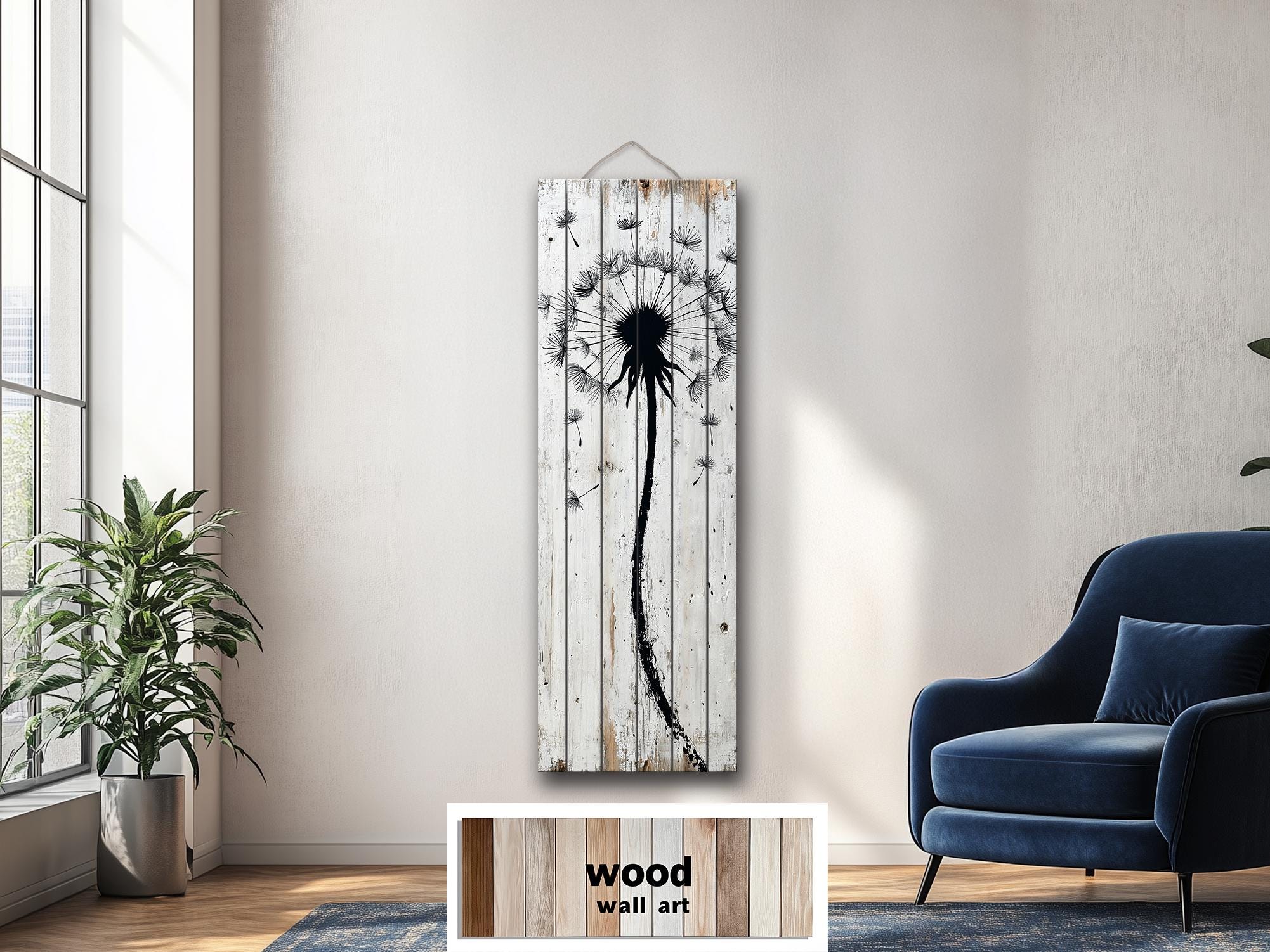 Tall Vertical Dandelion Wall Art - Whitewashed Distressed Wood Slim Rustic Floral Decor