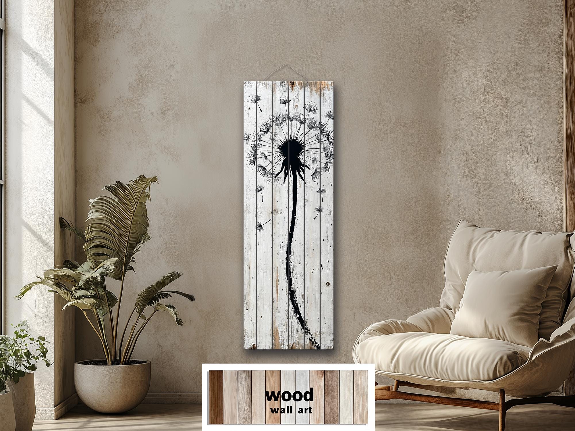 Tall Vertical Dandelion Wall Art - Whitewashed Distressed Wood Slim Rustic Floral Decor