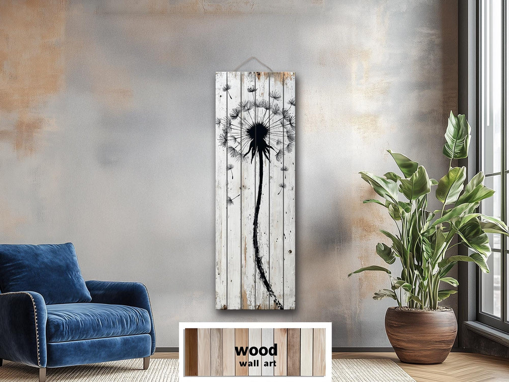 Tall Vertical Dandelion Wall Art - Whitewashed Distressed Wood Slim Rustic Floral Decor
