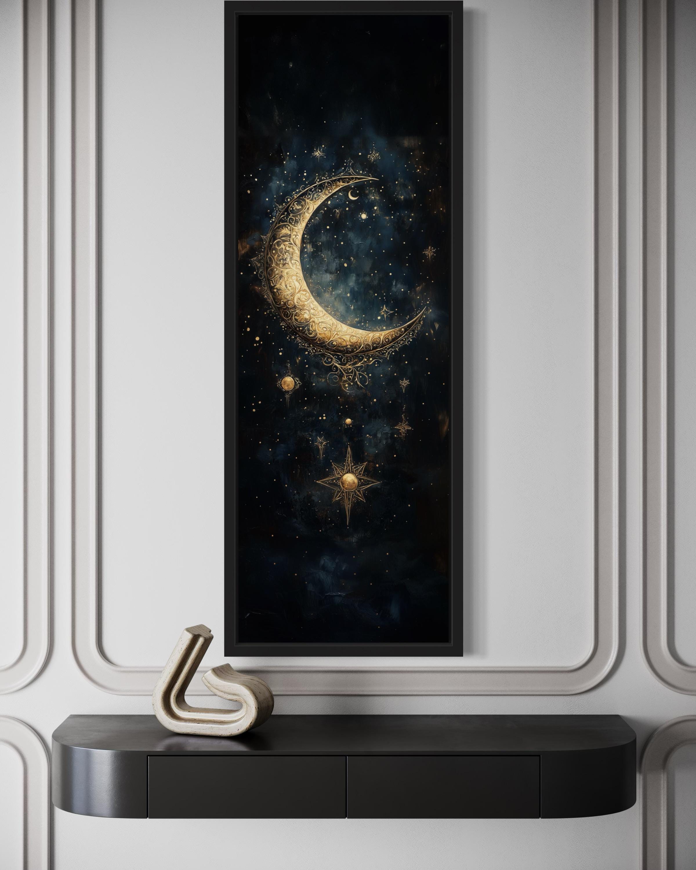 Tall Vertical Gold Crescent Moon And Star Wall Art