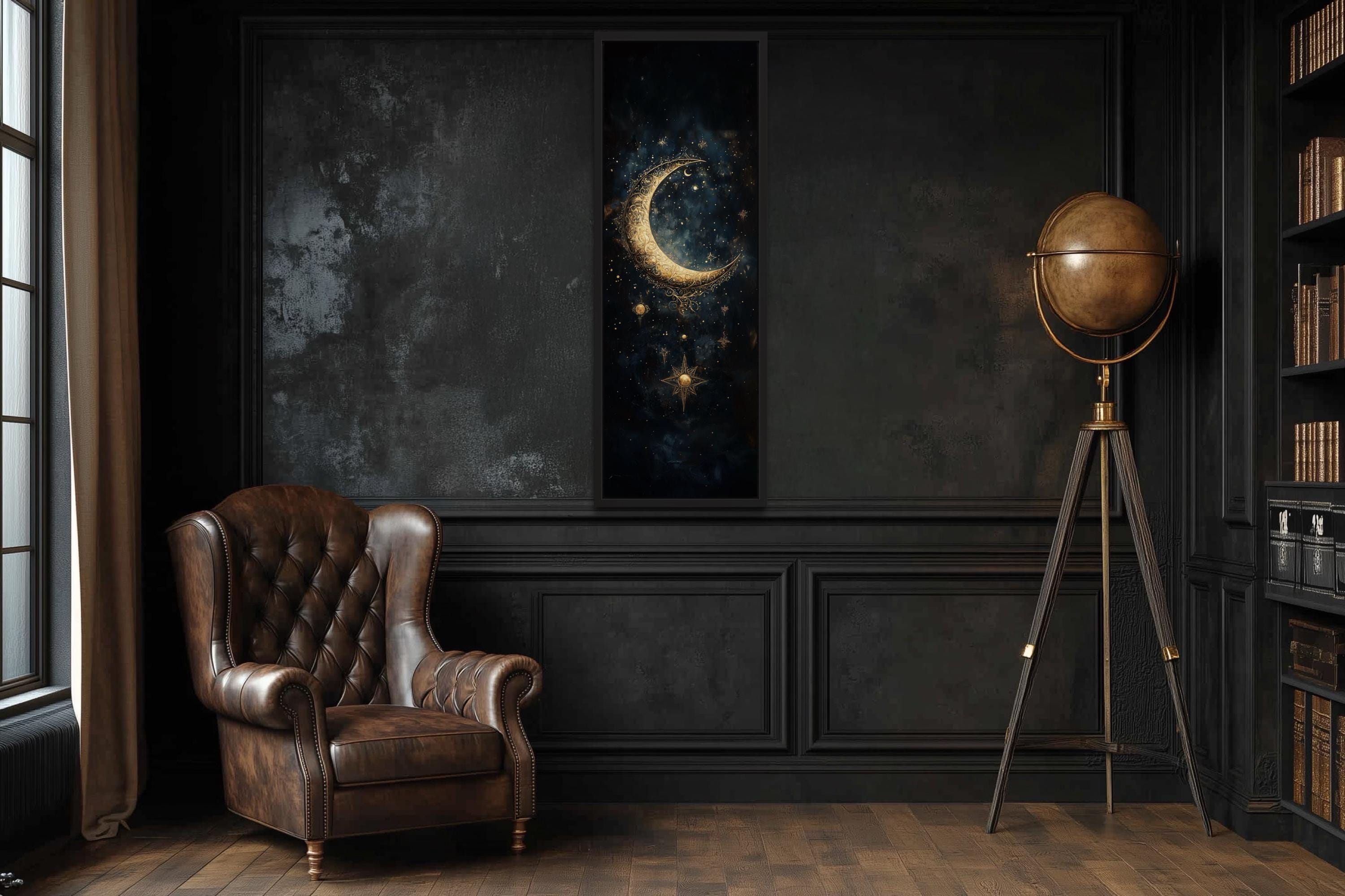 Tall Vertical Gold Crescent Moon And Star Wall Art