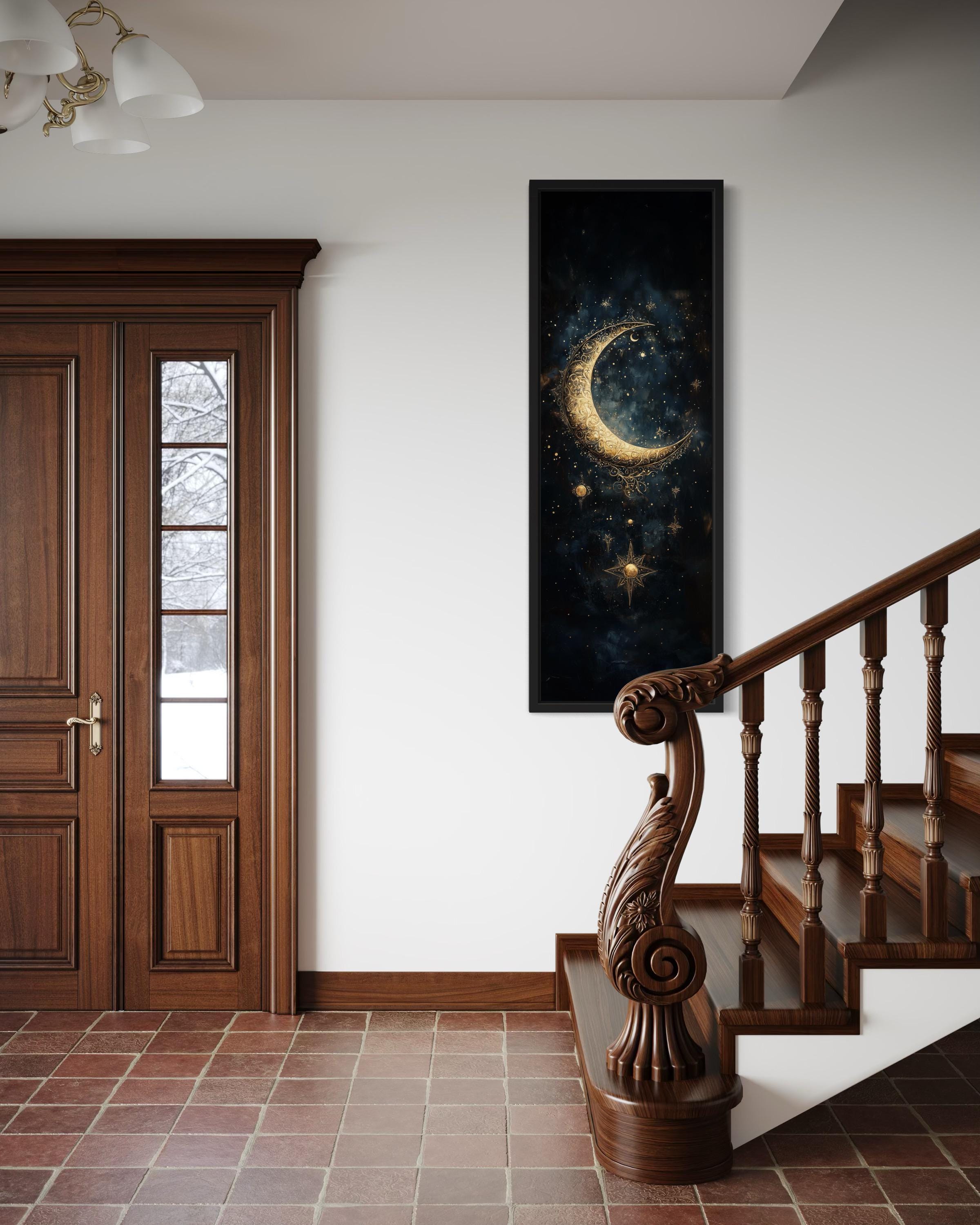 Tall Vertical Gold Crescent Moon And Star Wall Art