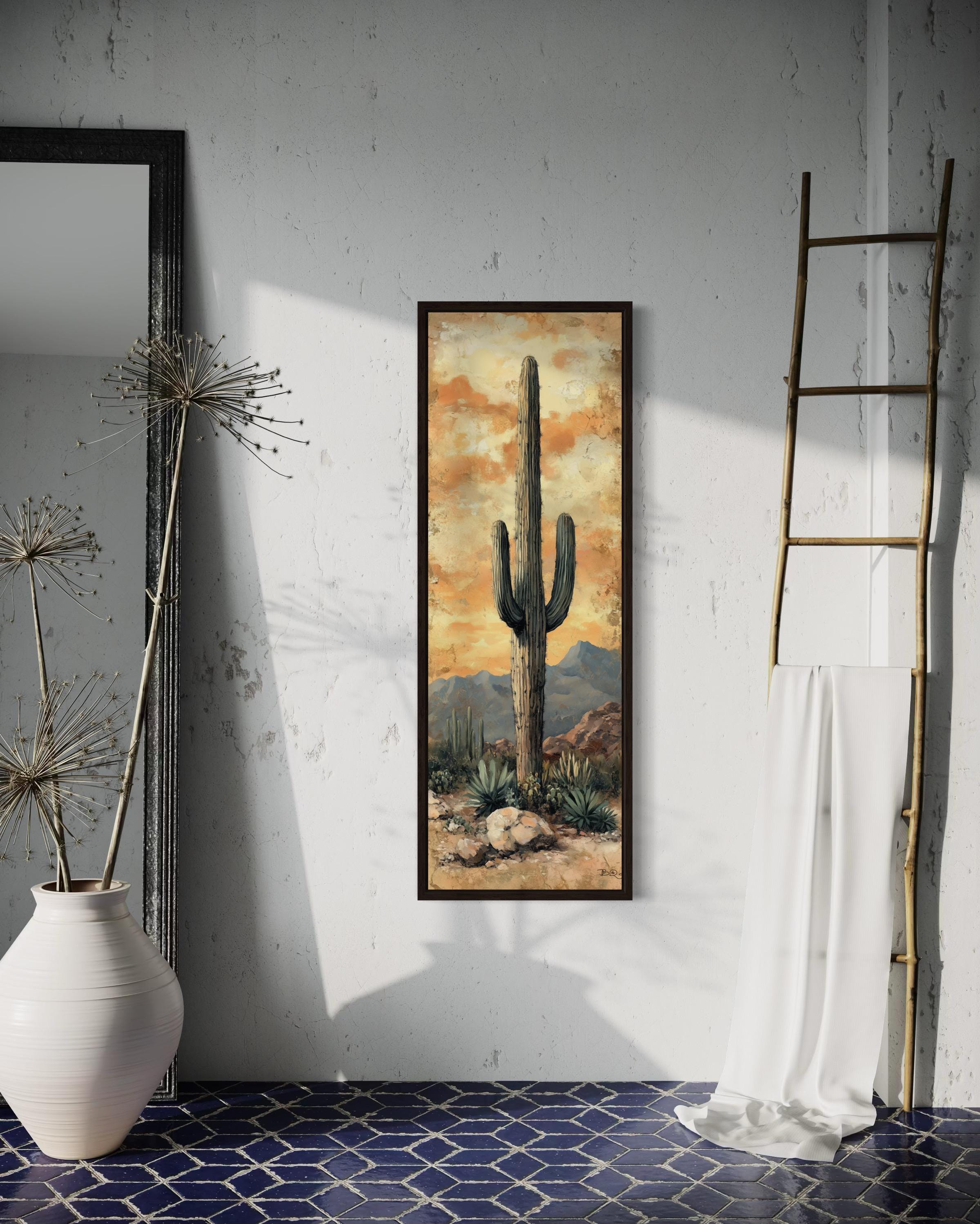 Tall Vertical Narrow Rustic Saguaro Cactus Framed Canvas Wall Art