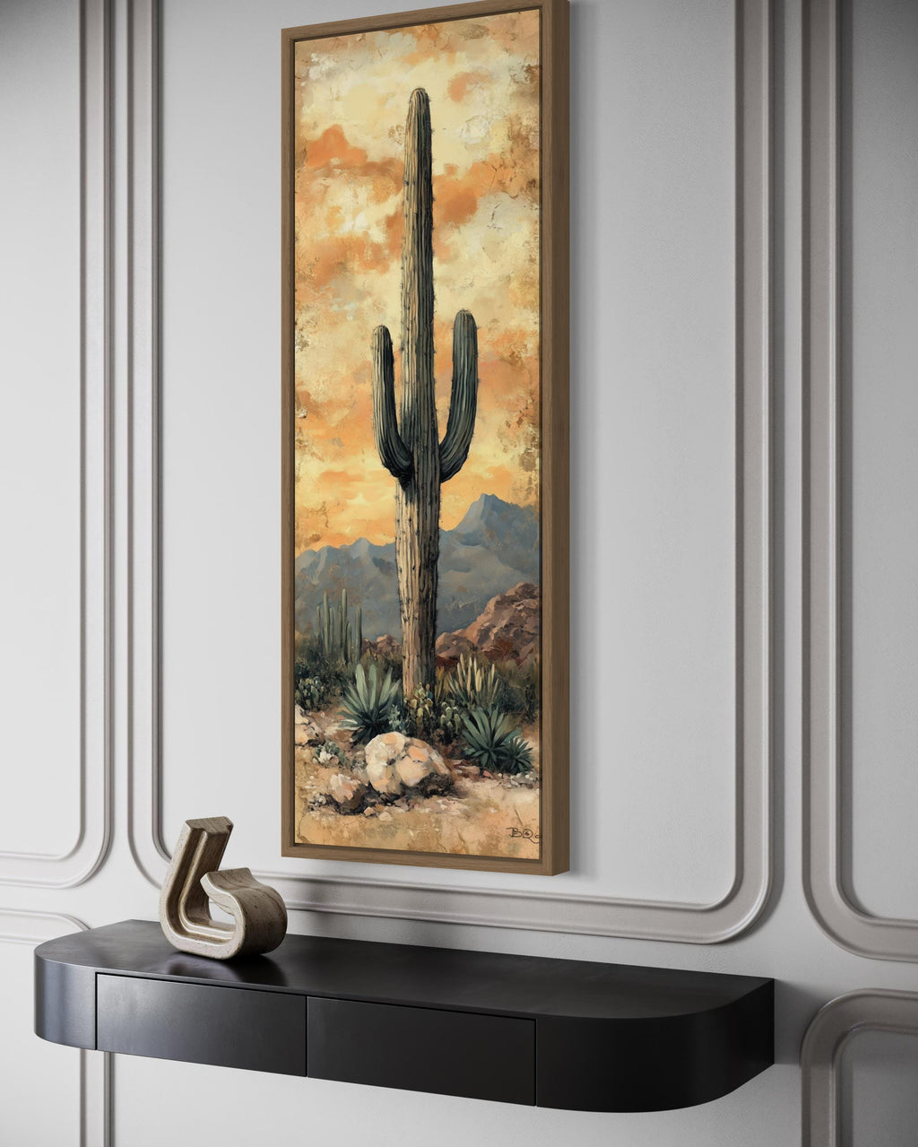 Tall Vertical Narrow Rustic Saguaro Cactus Framed Canvas Wall Art