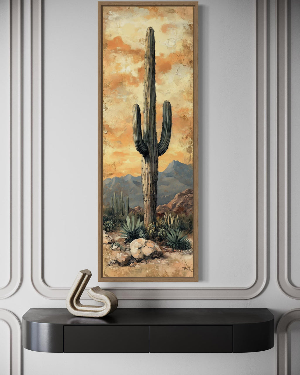 Tall Vertical Narrow Rustic Saguaro Cactus Framed Canvas Wall Art