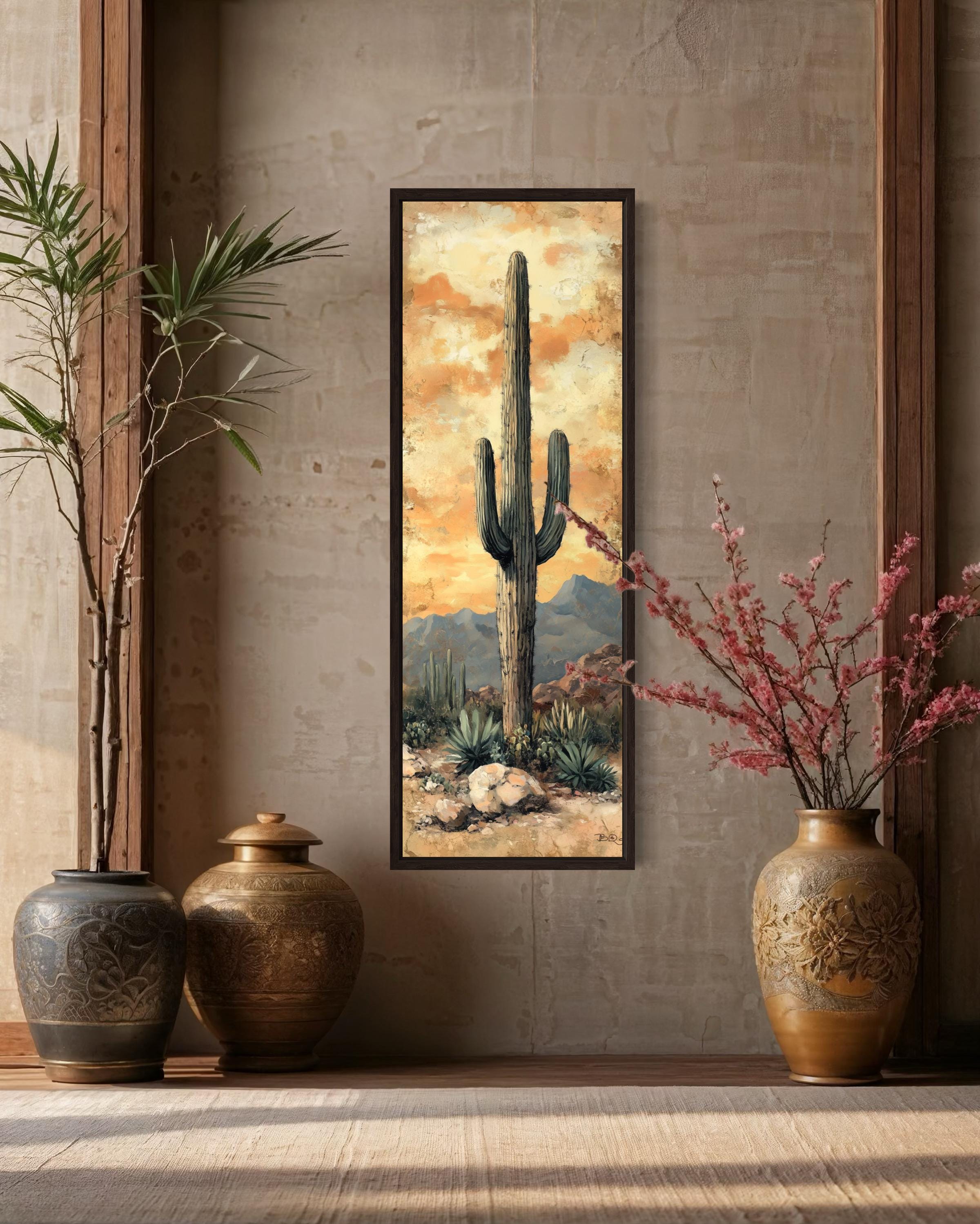 Tall Vertical Narrow Rustic Saguaro Cactus Framed Canvas Wall Art