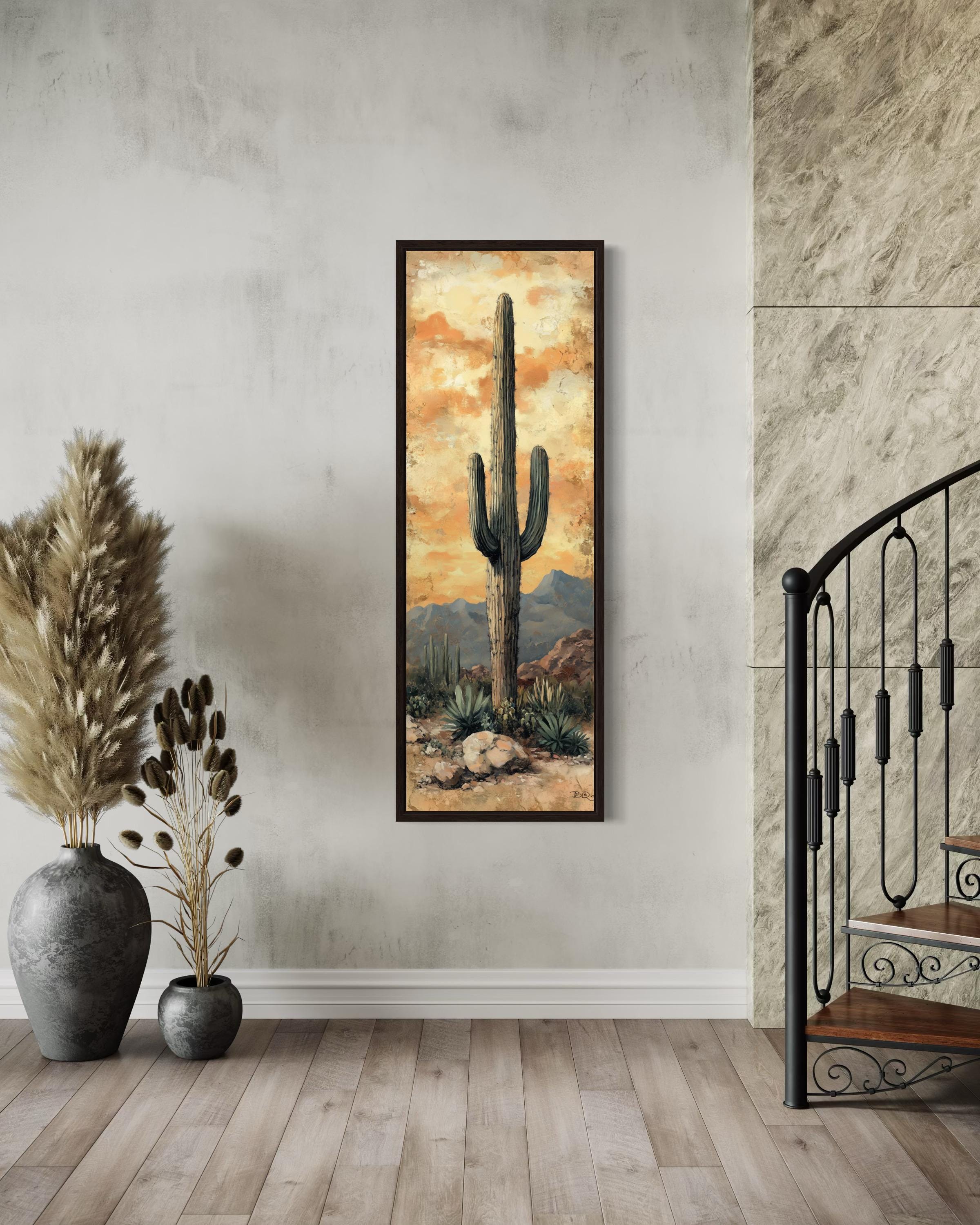 Tall Vertical Narrow Rustic Saguaro Cactus Framed Canvas Wall Art