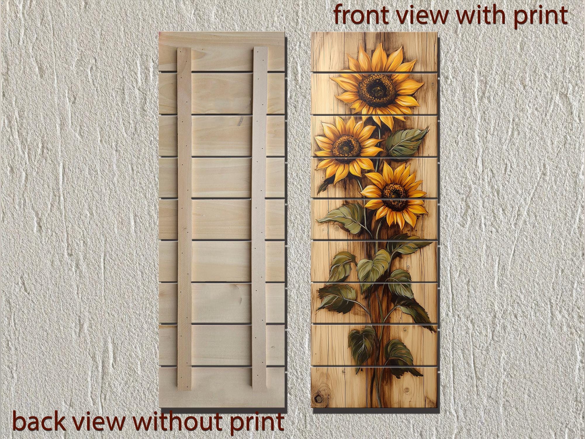Tall Vertical Narrow Rustic Sunflowers Wood Wall Art