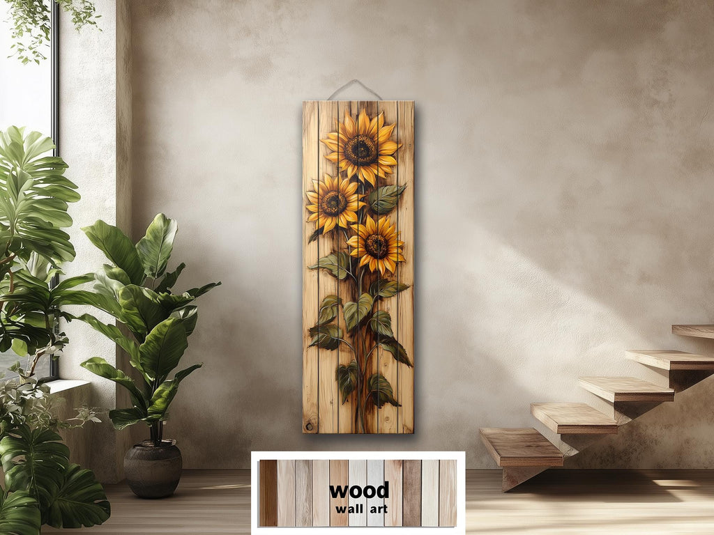 Tall Vertical Narrow Rustic Sunflowers Wood Wall Art