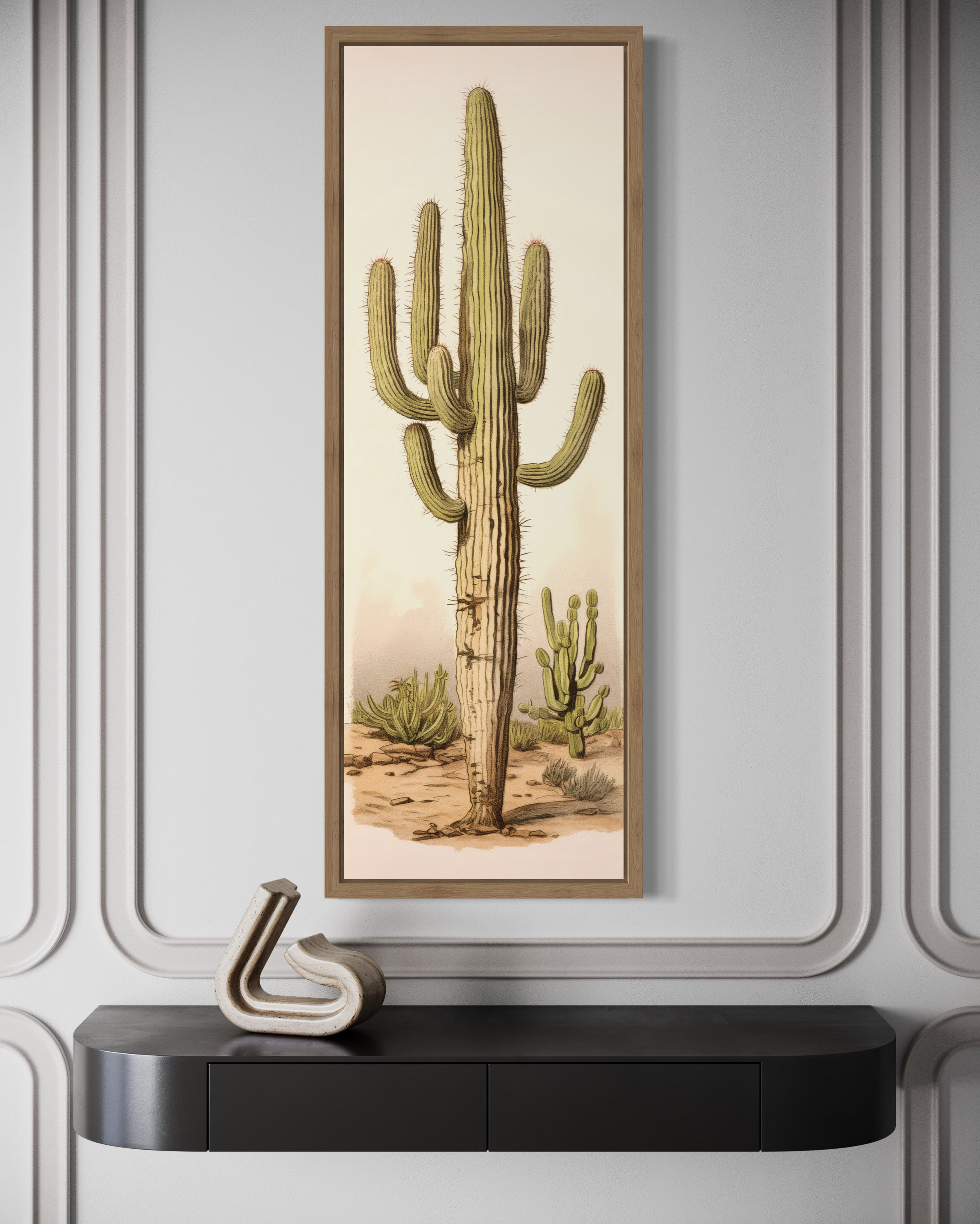 Tall Vertical Saguaro Cactus Neutral Slim Framed Canvas Wall Art