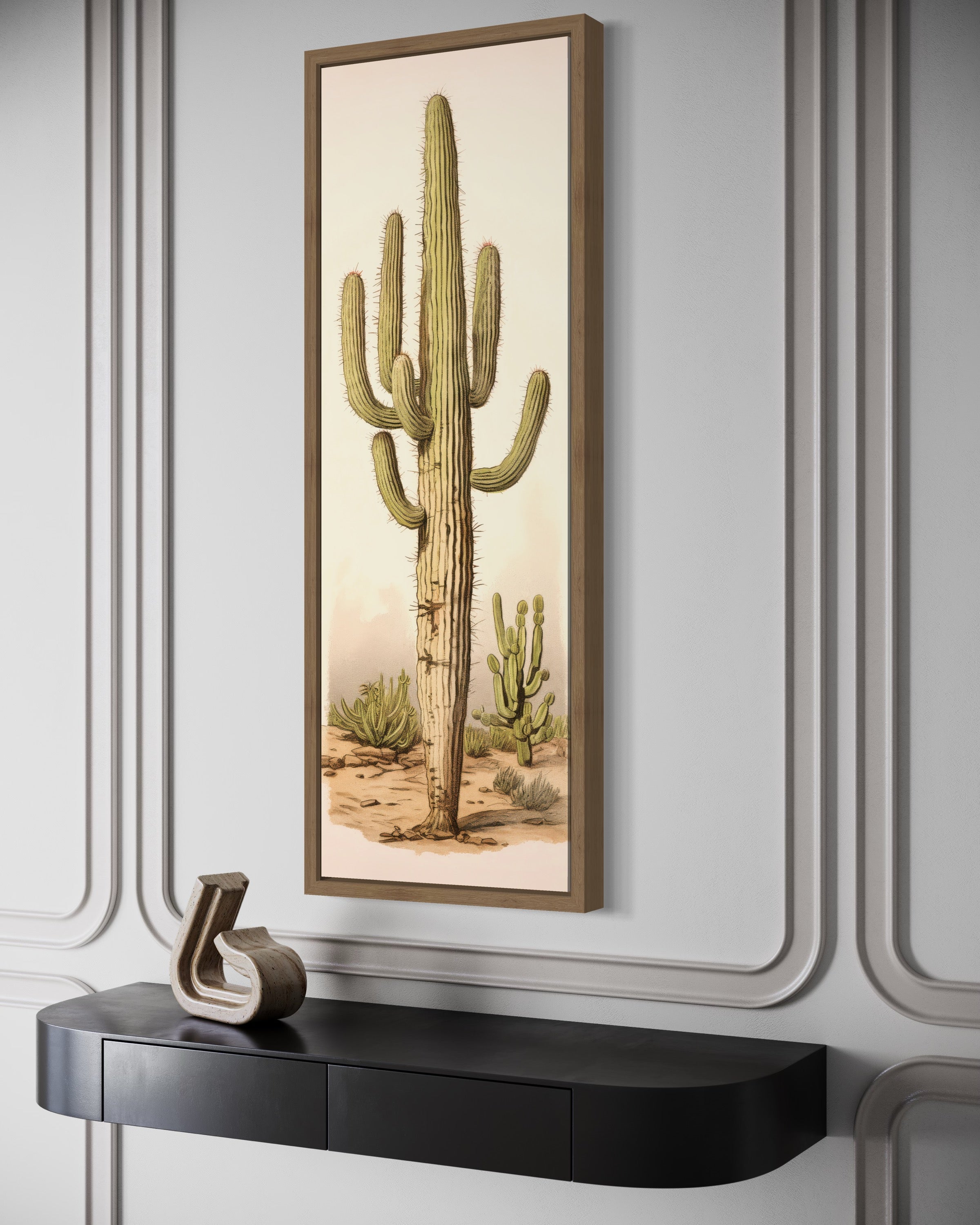 Tall Vertical Saguaro Cactus Neutral Slim Framed Canvas Wall Art