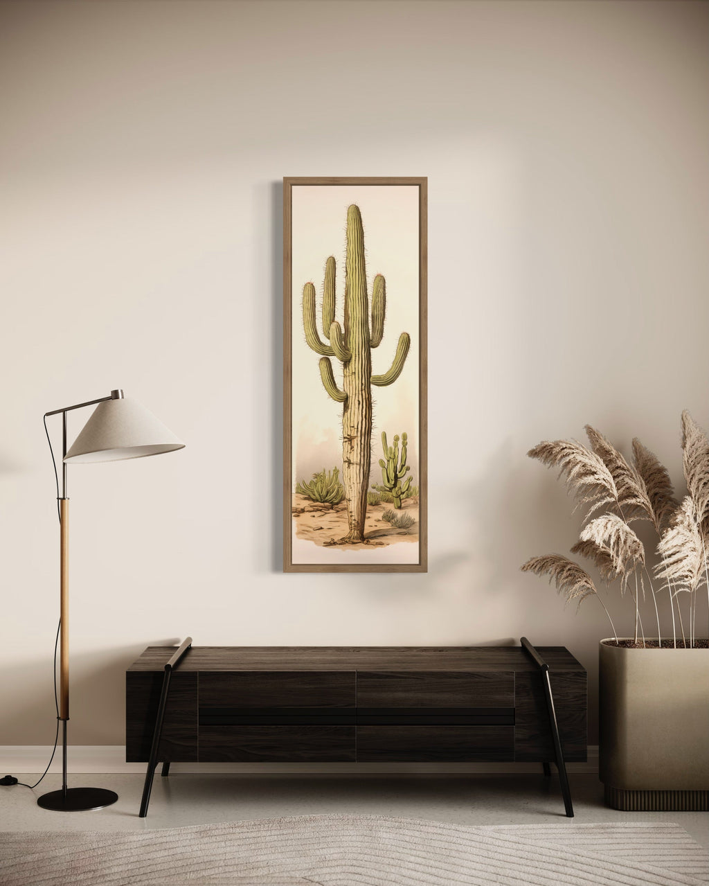 Tall Vertical Saguaro Cactus Neutral Slim Framed Canvas Wall Art
