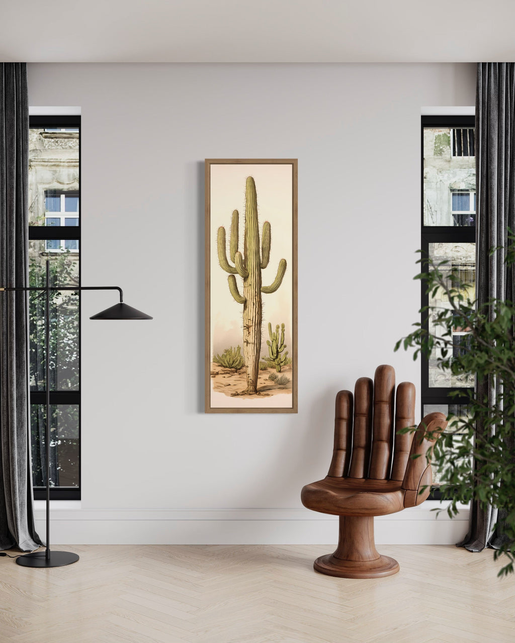 Tall Vertical Saguaro Cactus Neutral Slim Framed Canvas Wall Art