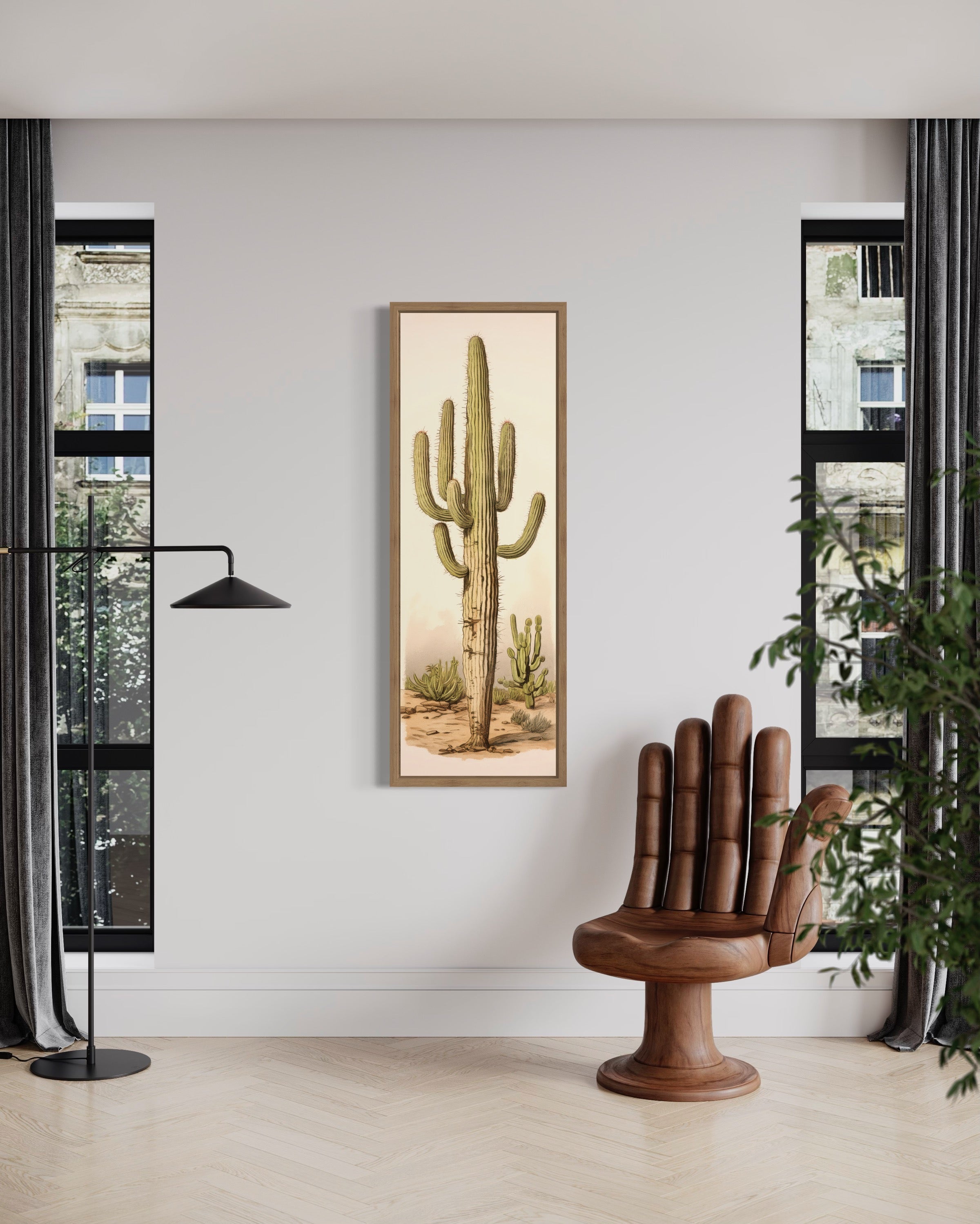 Tall Vertical Saguaro Cactus Neutral Slim Framed Canvas Wall Art